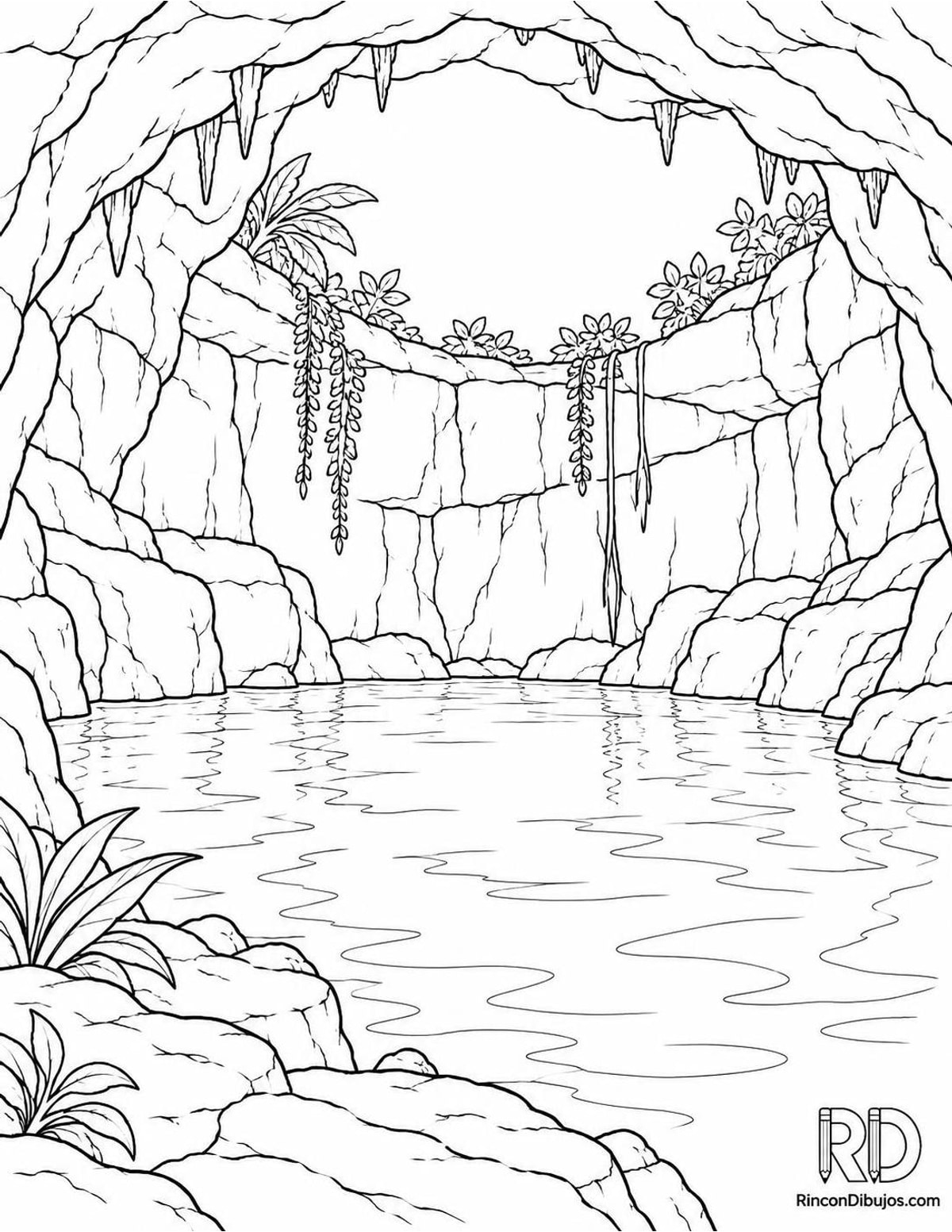 Dibujo de cenote con estalactitas para colorear