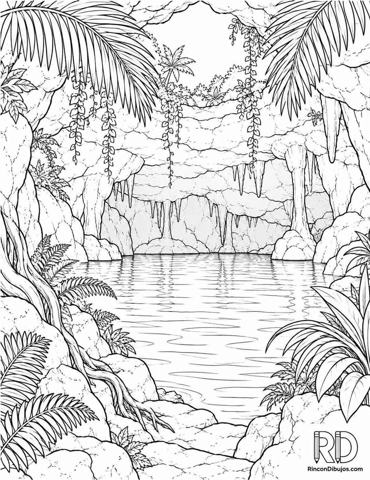 Dibujo de cenote con palmeras para colorear