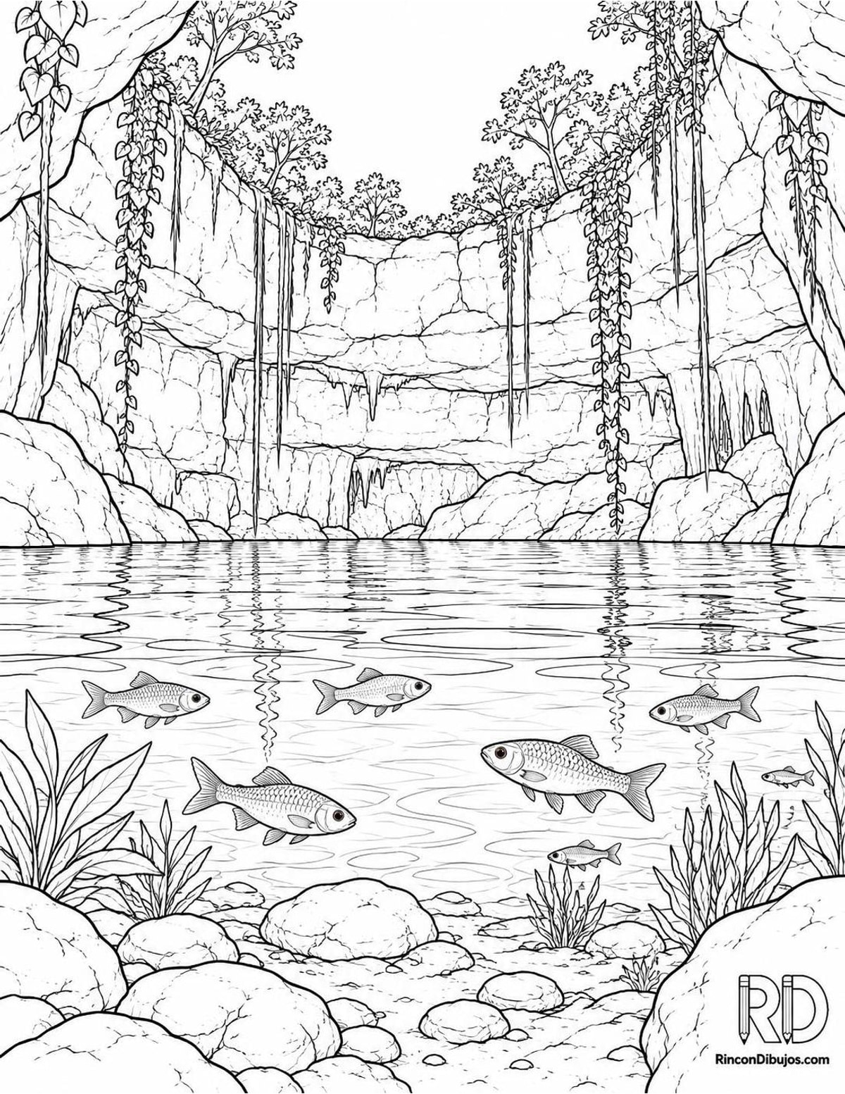 Dibujo de cenote con peces para colorear