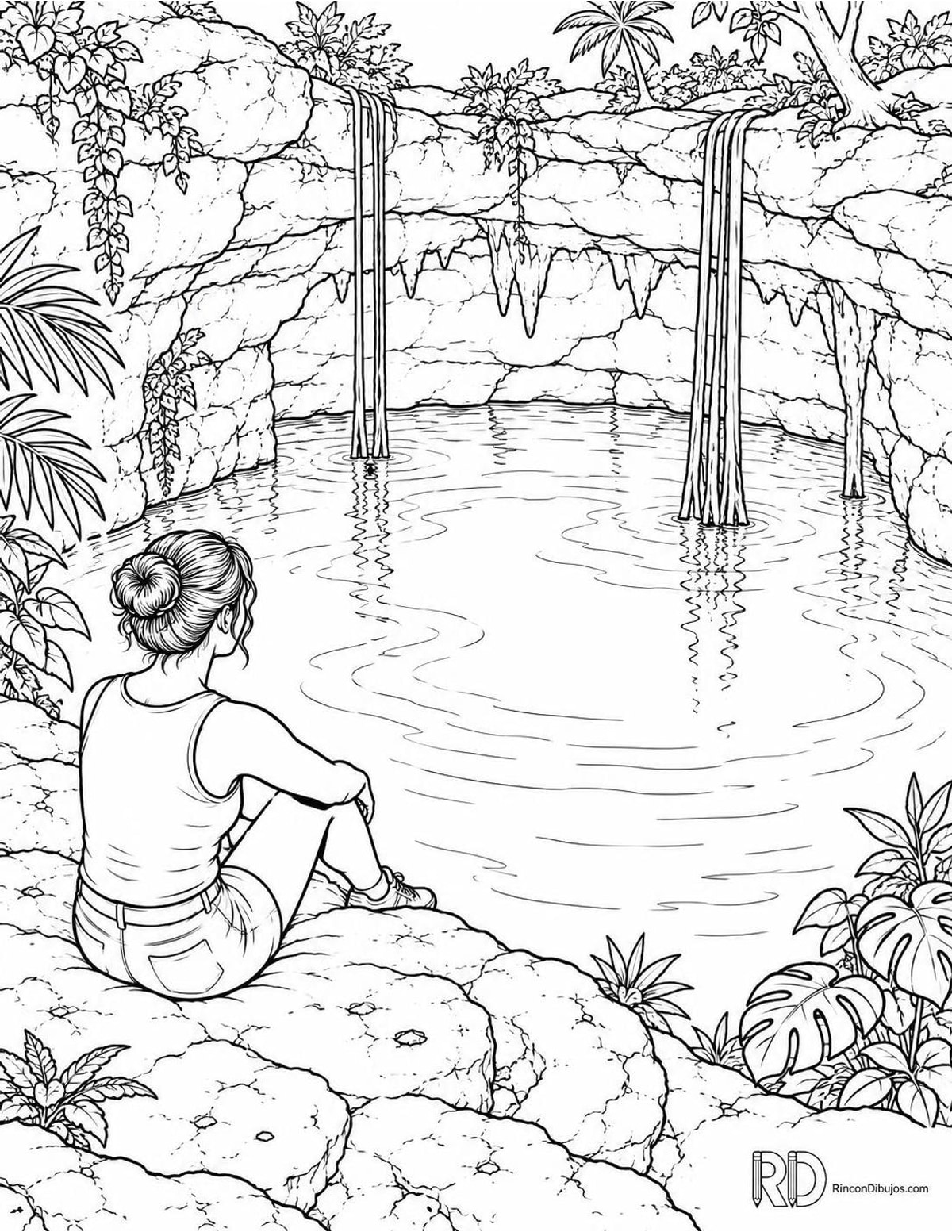 Dibujo de cenote con persona para colorear