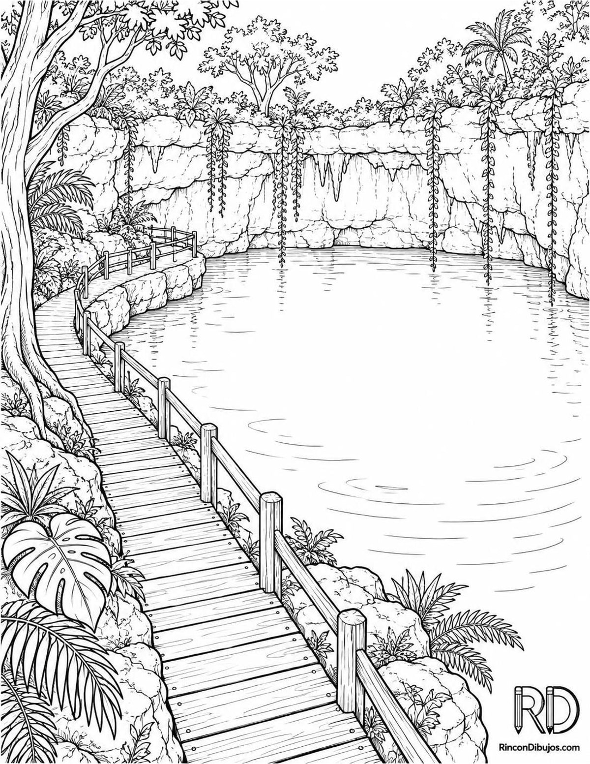 Dibujo de cenote con sendero para colorear