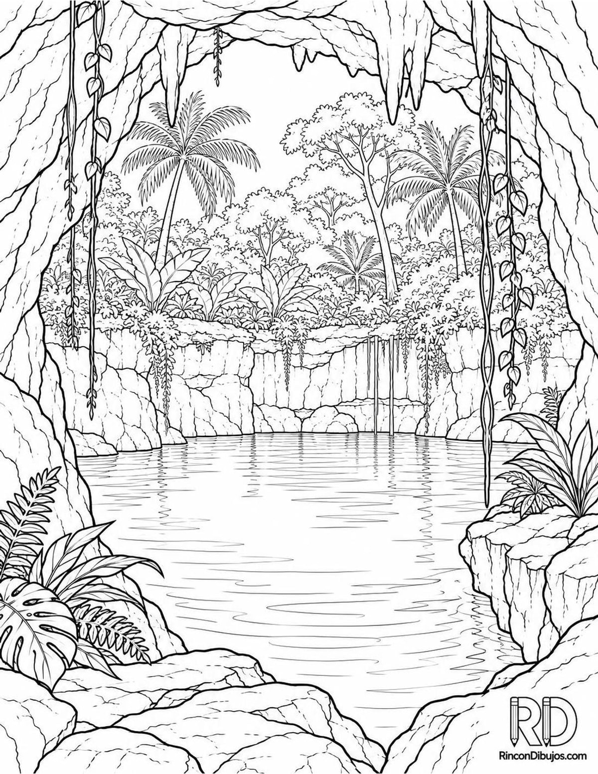 Dibujo de cenote en cueva para colorear