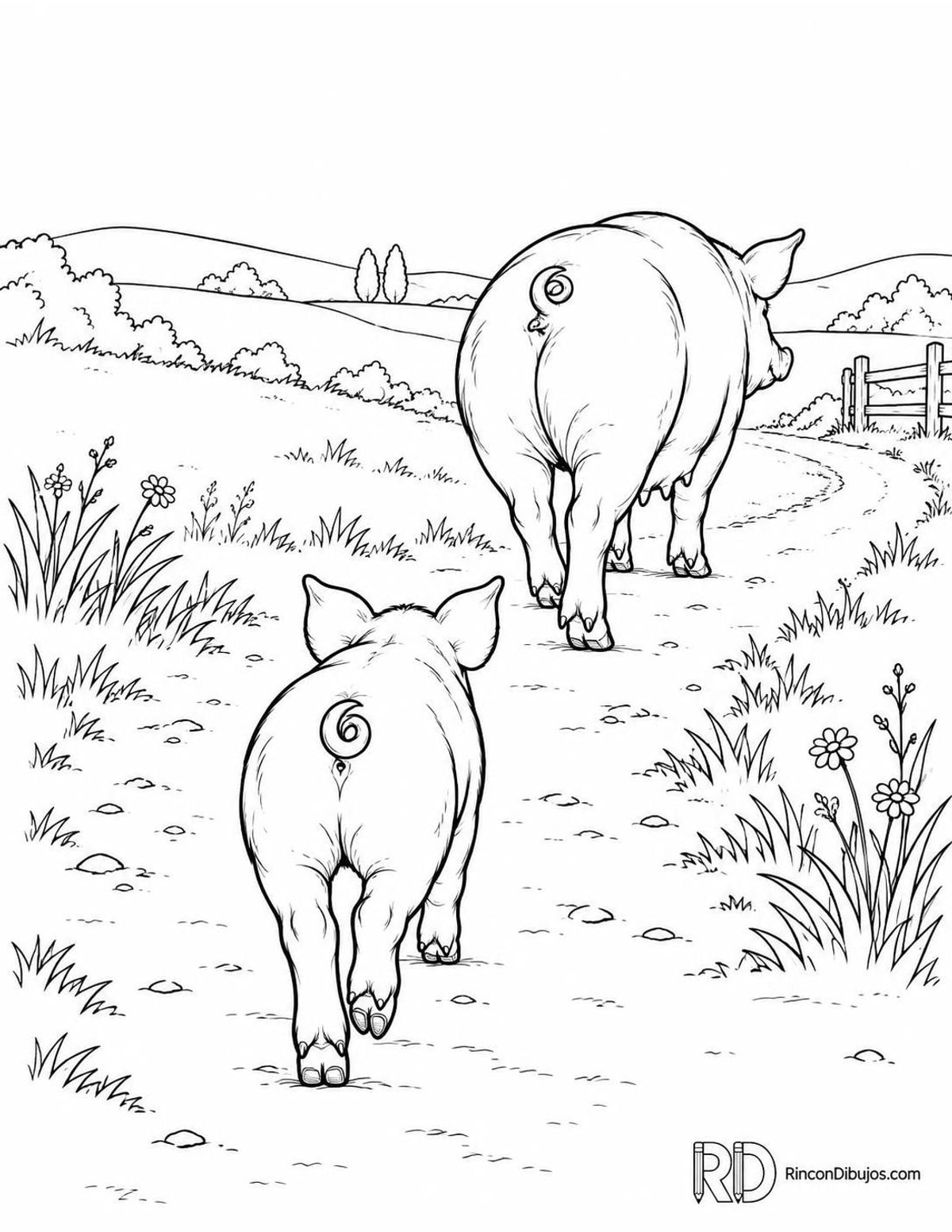 Dibujo de cerdito con mamá para colorear Dibujo de cerdito con mamá para colorear