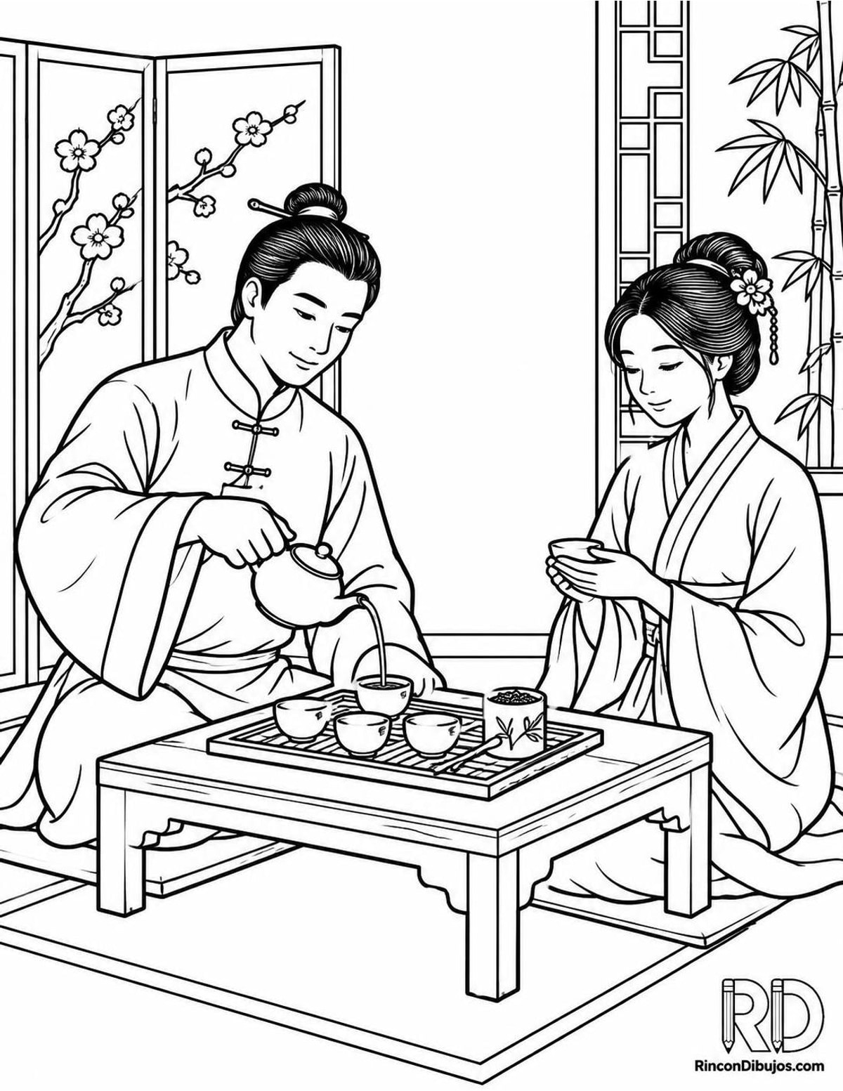Dibujo de ceremonia del té china para colorear Dibujo de ceremonia del té china para colorear