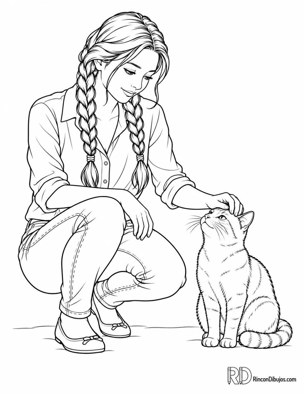 Dibujo de chica acariciando un gato para colorear Dibujo de chica acariciando un gato para colorear