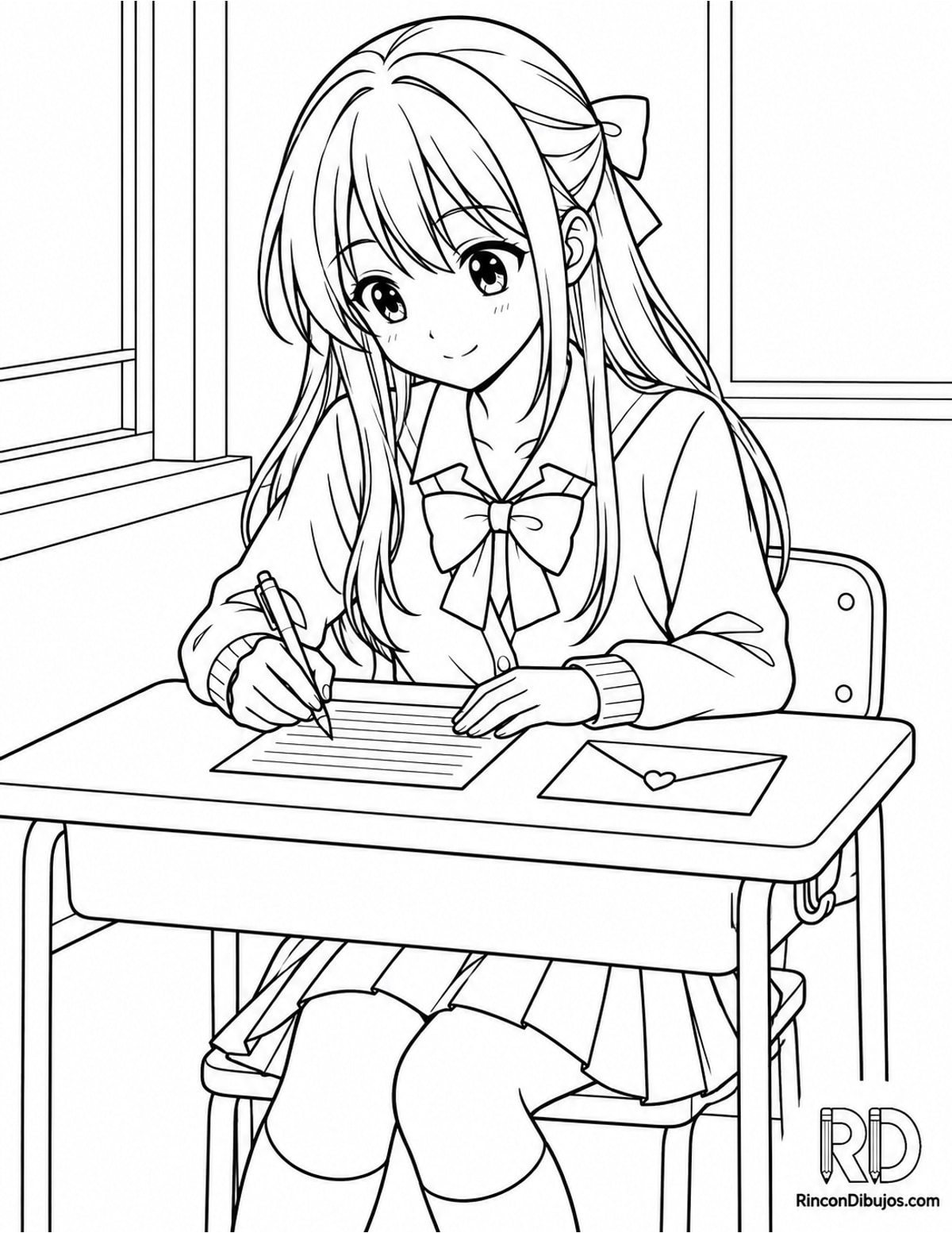 Dibujo de chica anime escribiendo para colorear Dibujo de chica anime escribiendo para colorear
