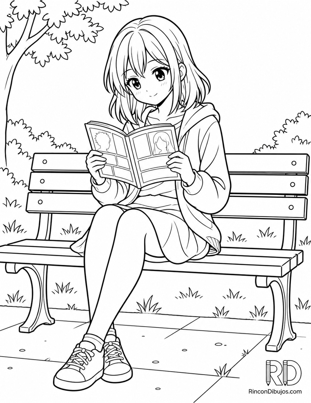 Dibujo de chica anime leyendo para colorear Dibujo de chica anime leyendo para colorear
