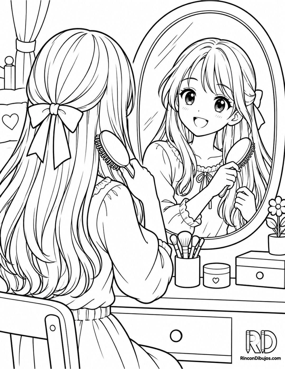 Dibujo de chica anime peinándose para colorear Dibujo de chica anime peinándose para colorear