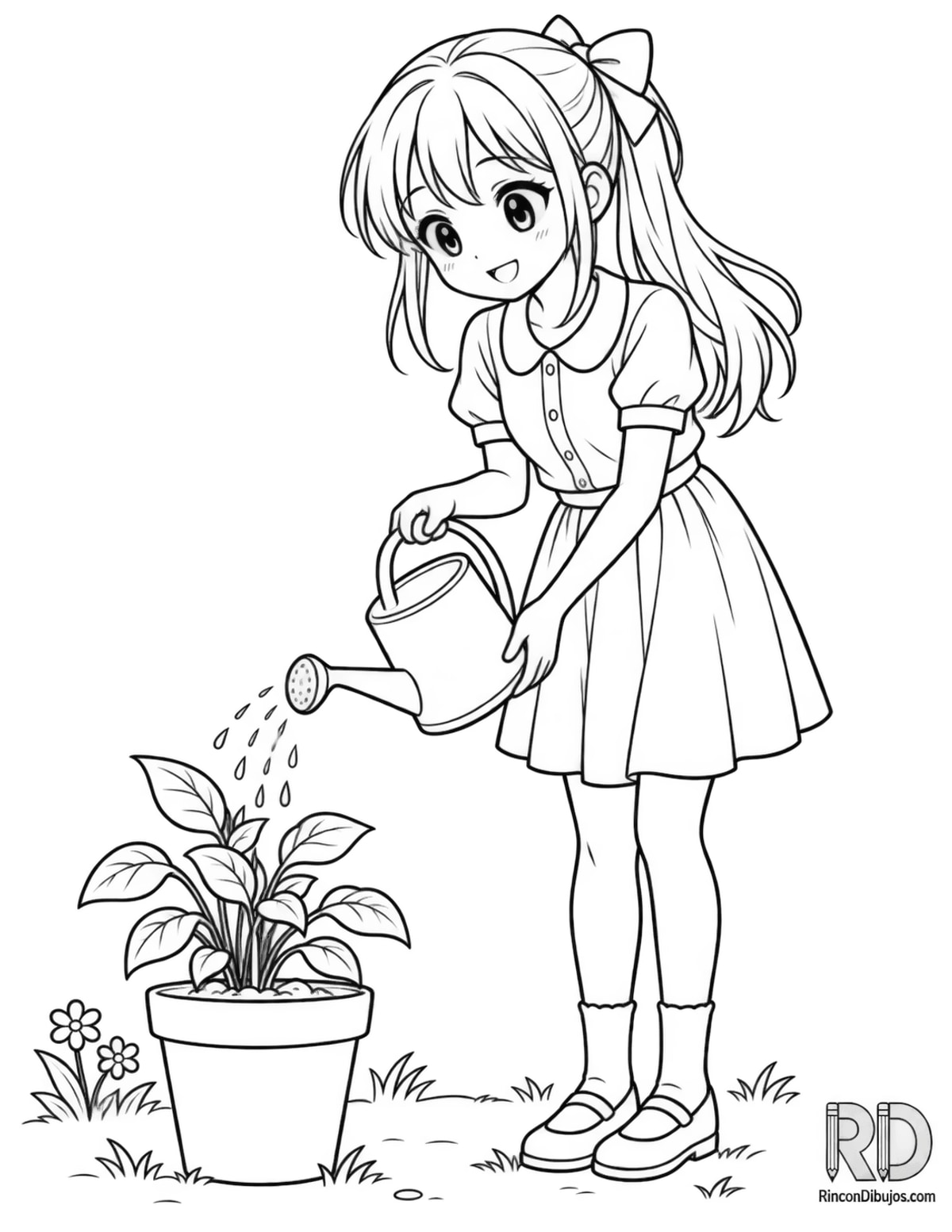 Dibujo de chica anime regando para colorear Dibujo de chica anime regando para colorear