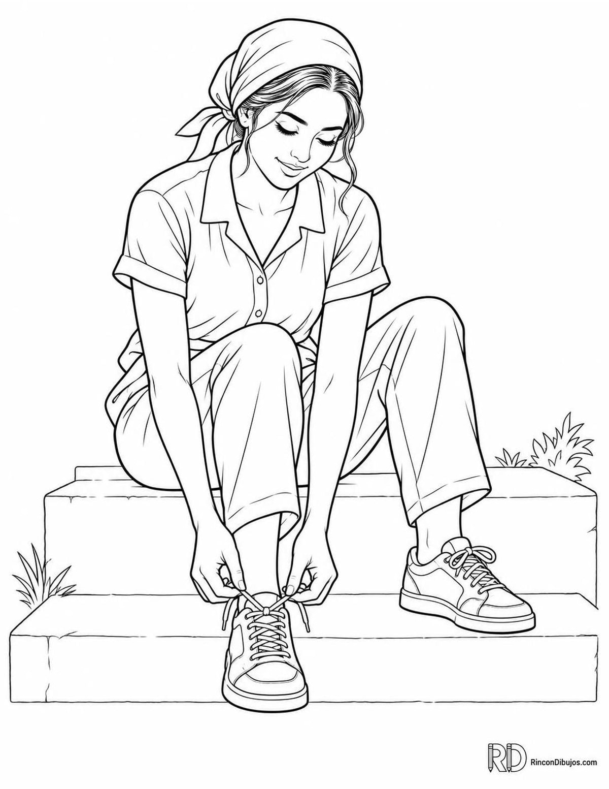 Dibujo de chica atándose los cordones para colorear Dibujo de chica atándose los cordones para colorear
