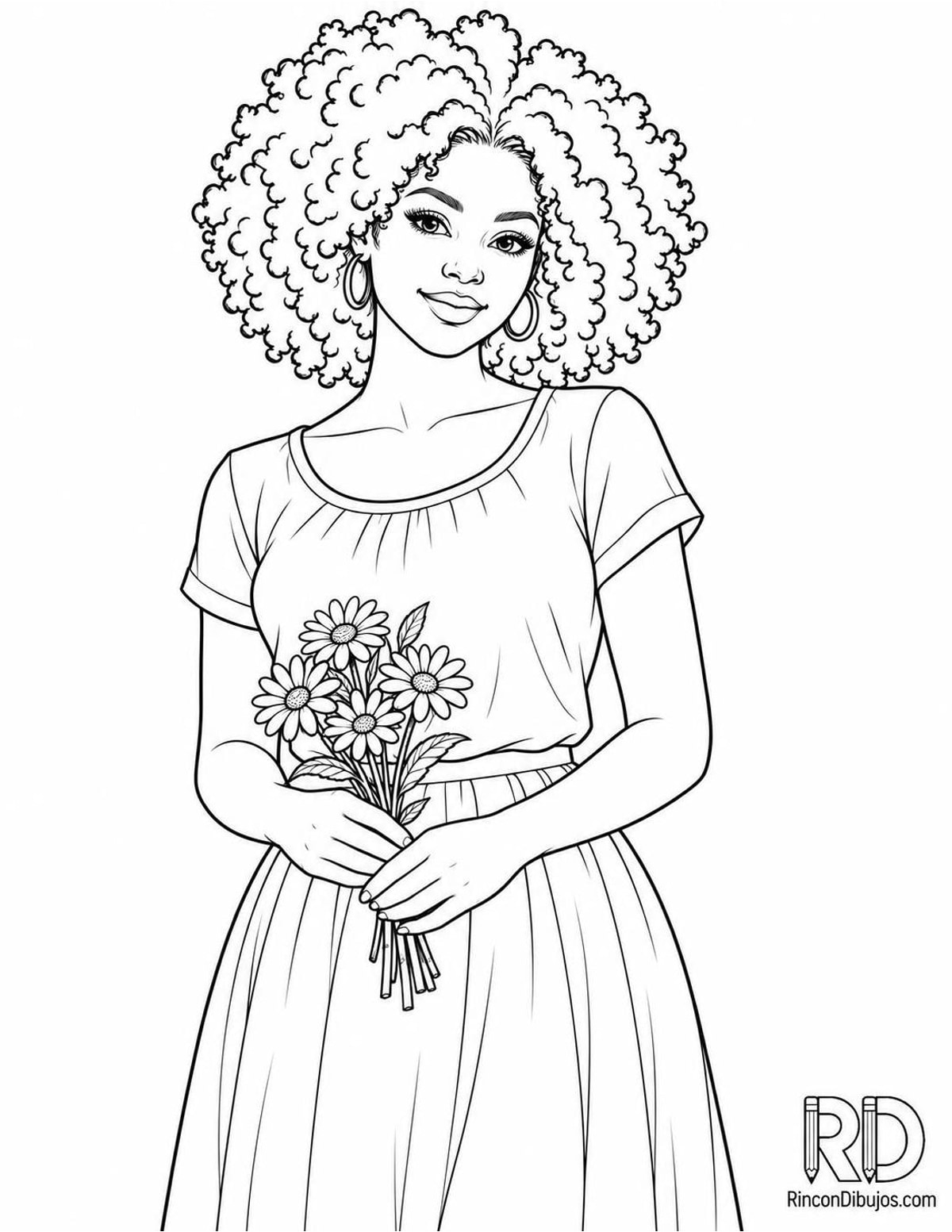 Dibujo de chica con flores para colorear Dibujo de chica con flores para colorear