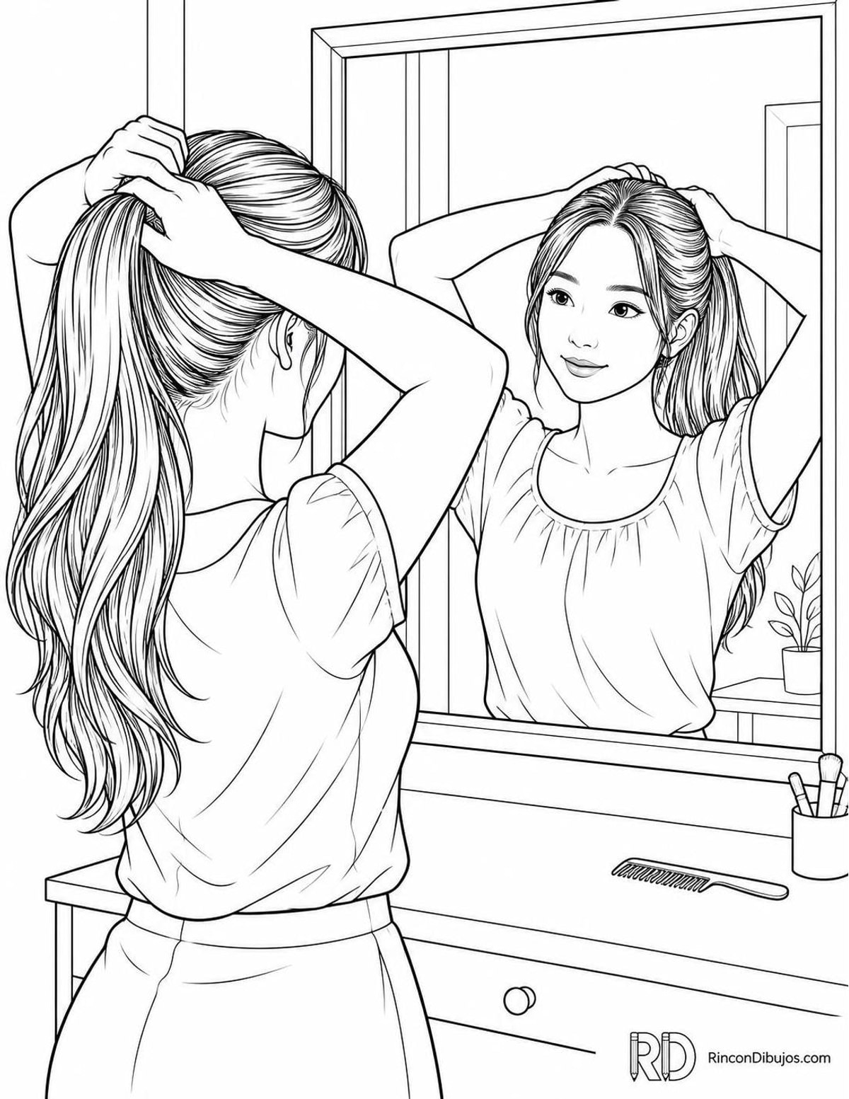 Dibujo de chica peinándose para colorear Dibujo de chica peinándose para colorear