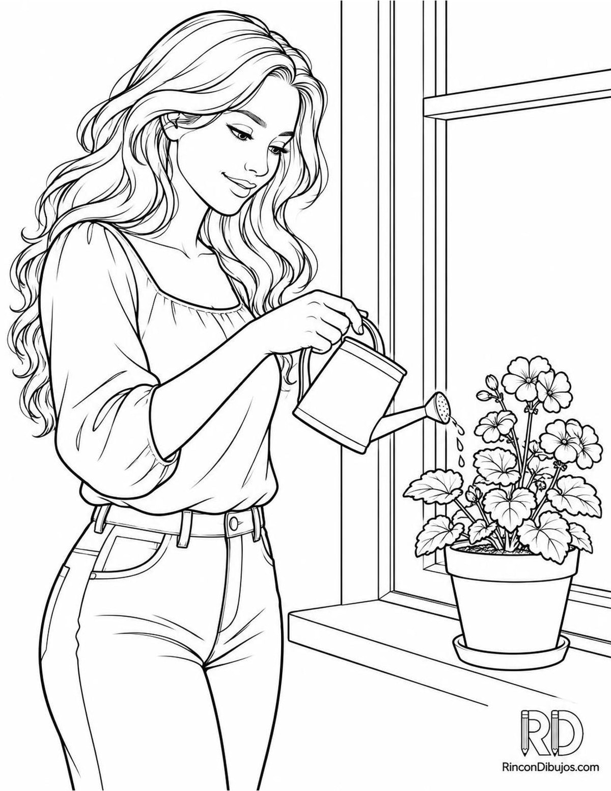 Dibujo de chica regando plantas para colorear Dibujo de chica regando plantas para colorear