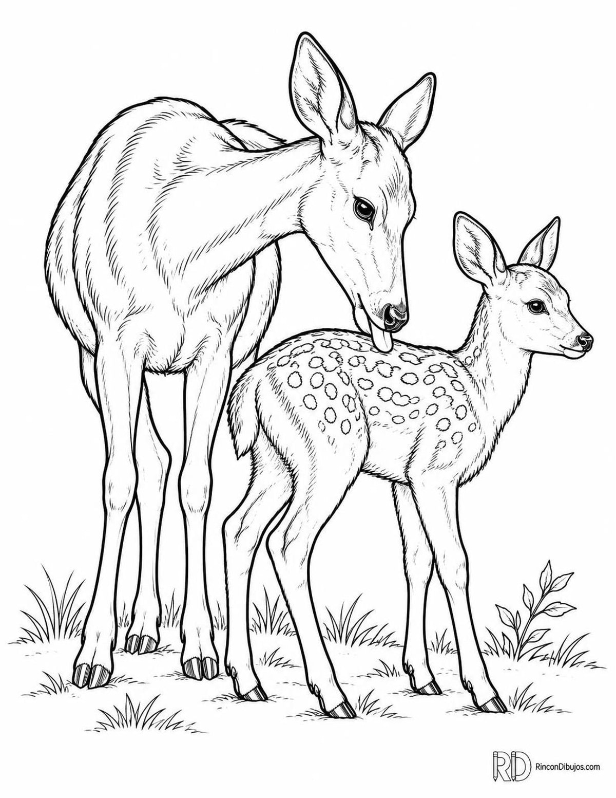 Dibujo de cierva lamiendo su cría para colorear Dibujo de cierva lamiendo su cría para colorear