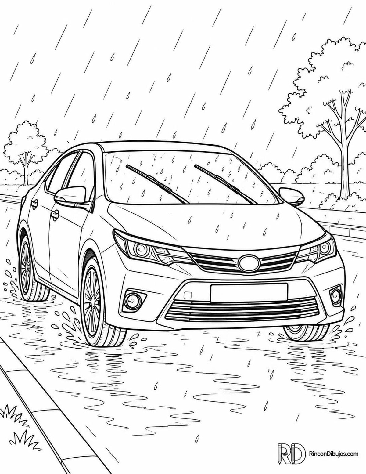 Dibujo de coche bajo lluvia para colorear Dibujo de coche bajo lluvia para colorear