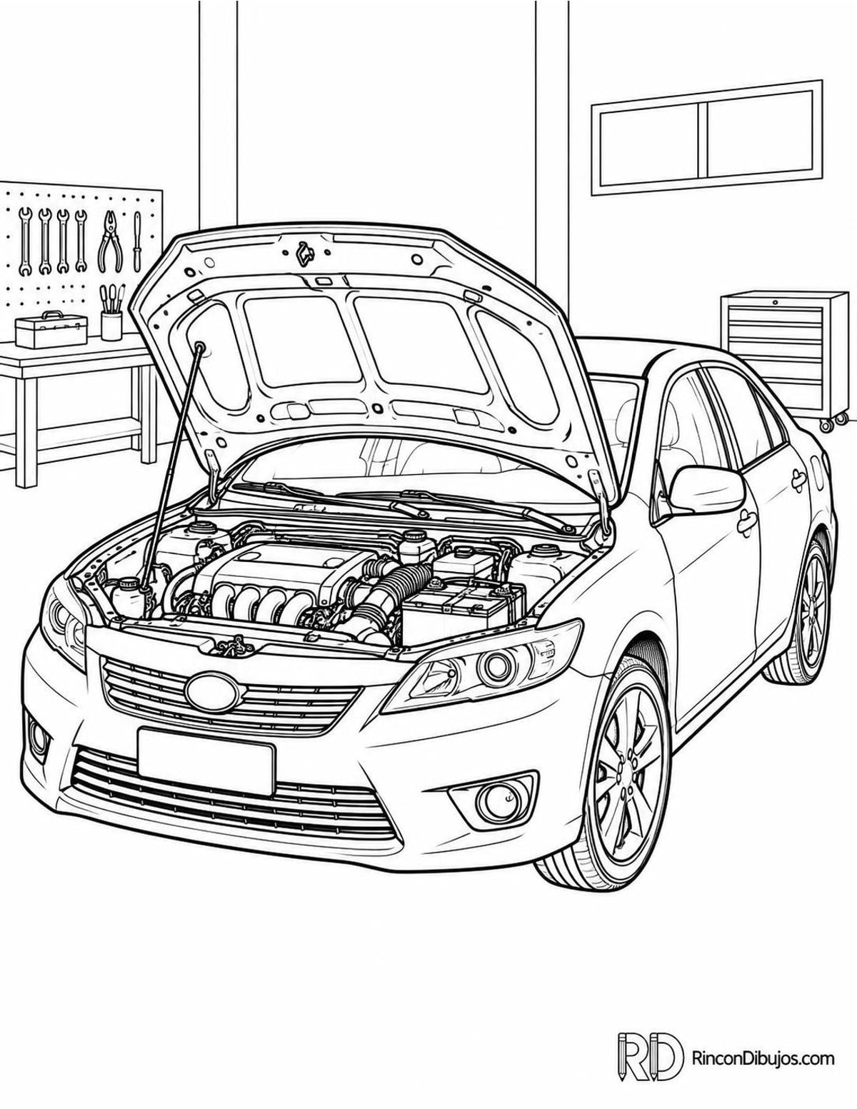 Dibujo de coche en taller para colorear Dibujo de coche en taller para colorear