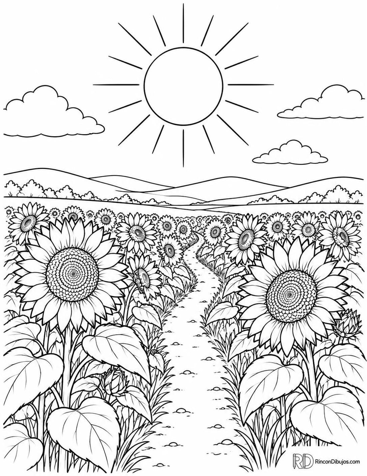 Dibujo de del Sol con girasoles para colorear Dibujo de del Sol con girasoles para colorear