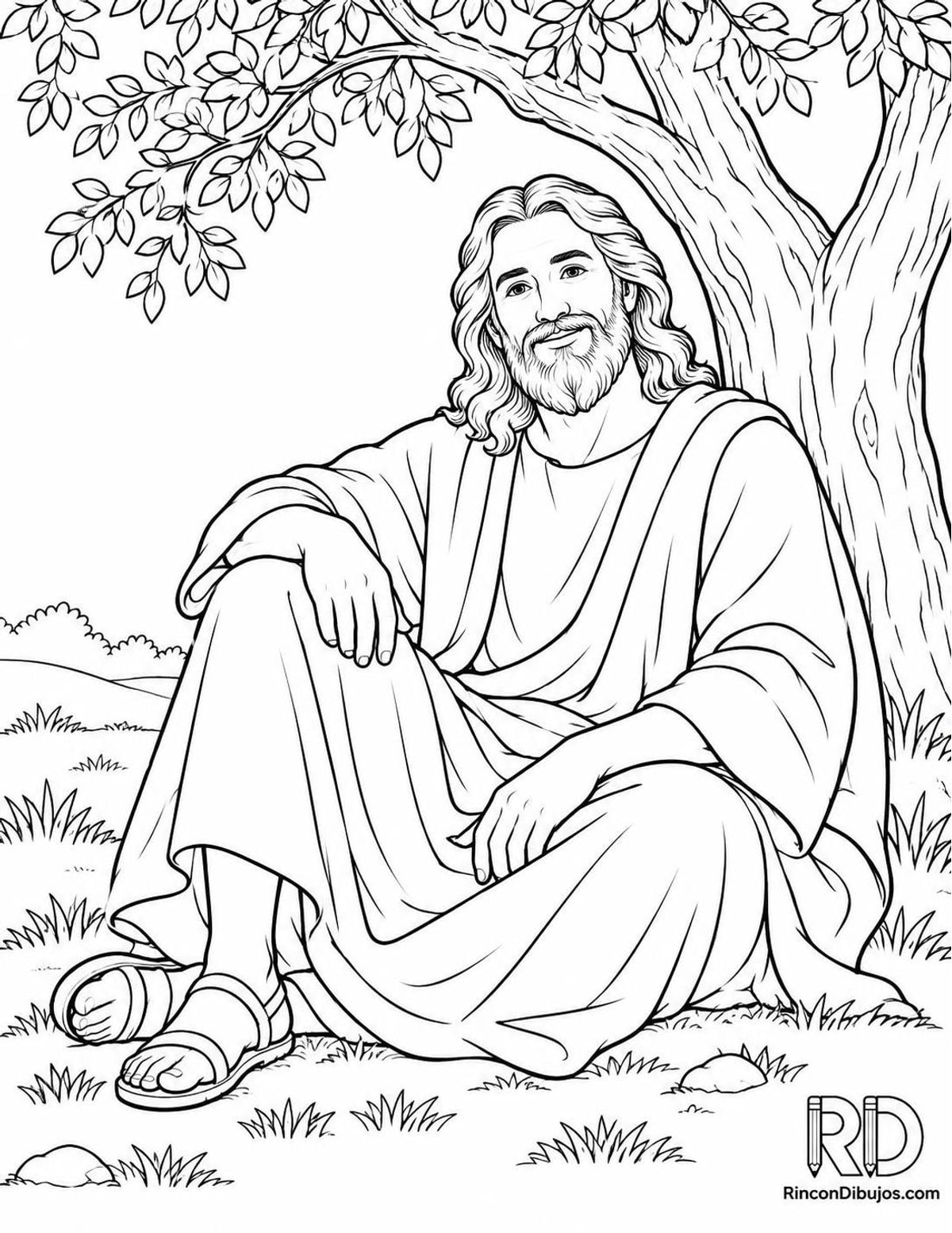 Dibujo de Dios bajo árbol para colorear