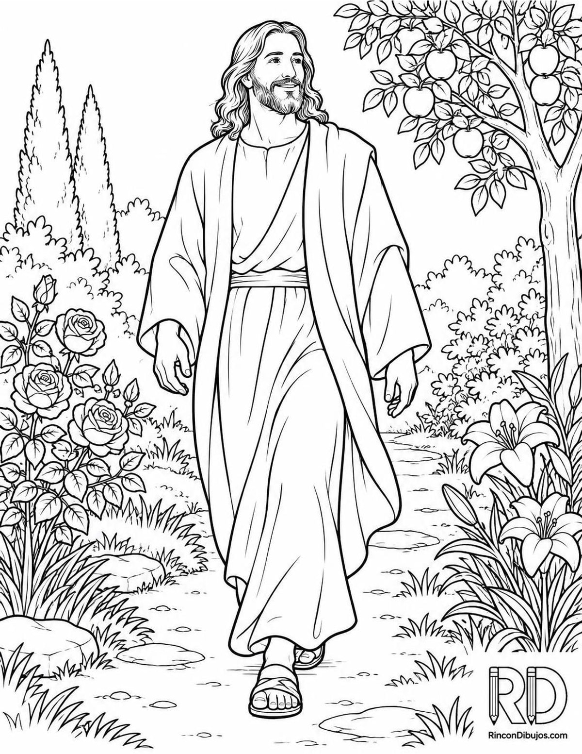 Dibujo de Dios en jardín para colorear