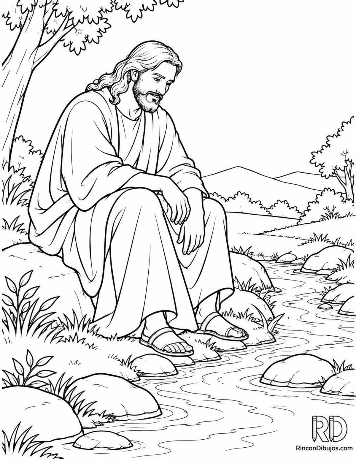 Dibujo de Dios junto al arroyo para colorear