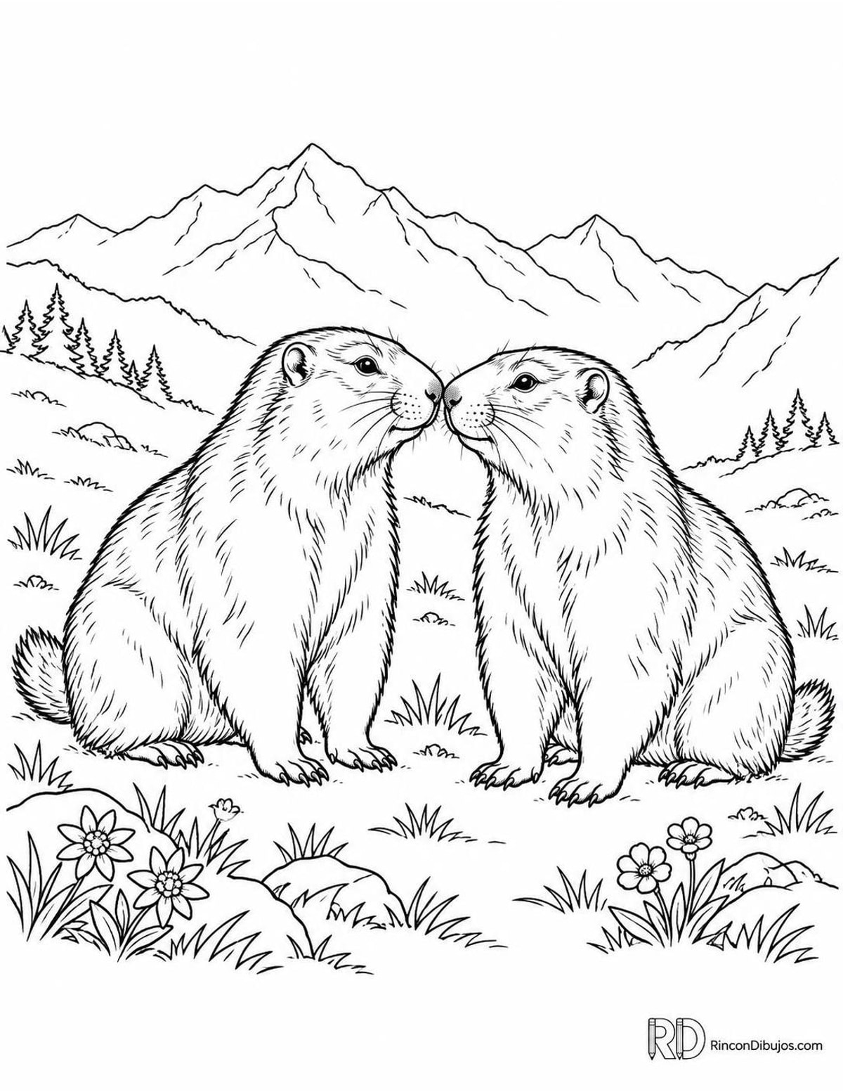 Dibujo de dos marmotas alpinas para colorear Dibujo de dos marmotas alpinas para colorear