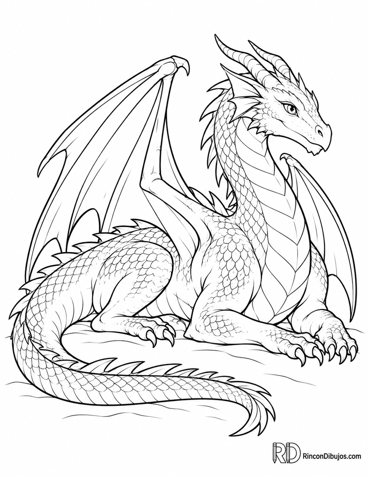 Dibujo de dragón alado acostado para colorear Dibujo de dragón alado acostado para colorear