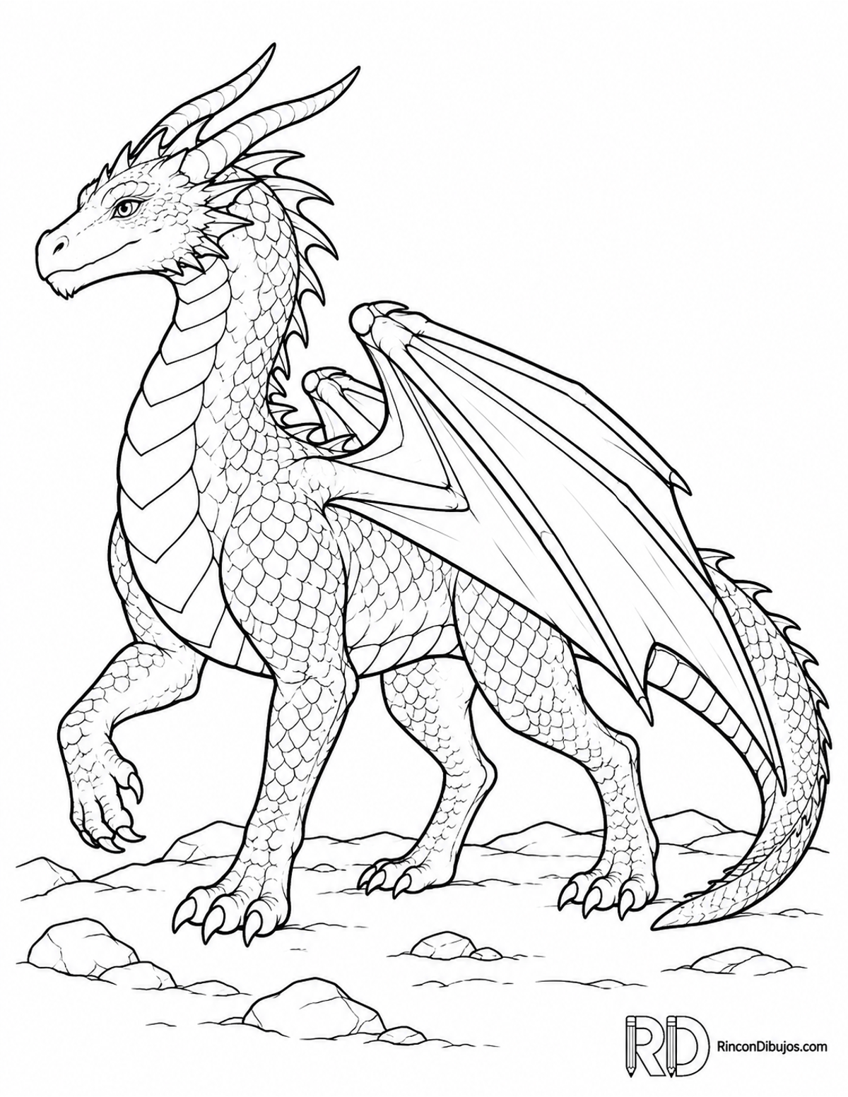 Dibujo de dragón alado caminando para colorear Dibujo de dragón alado caminando para colorear