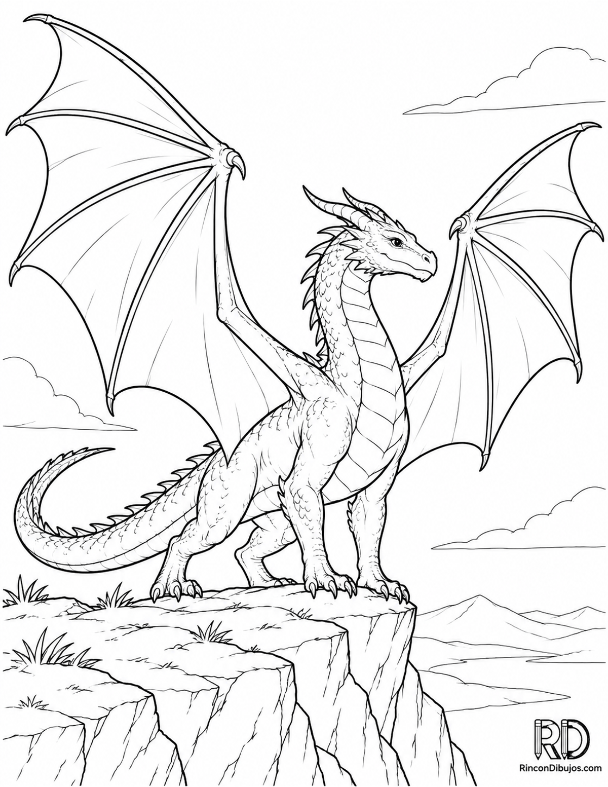 Dibujo de dragón alado extendido para colorear Dibujo de dragón alado extendido para colorear