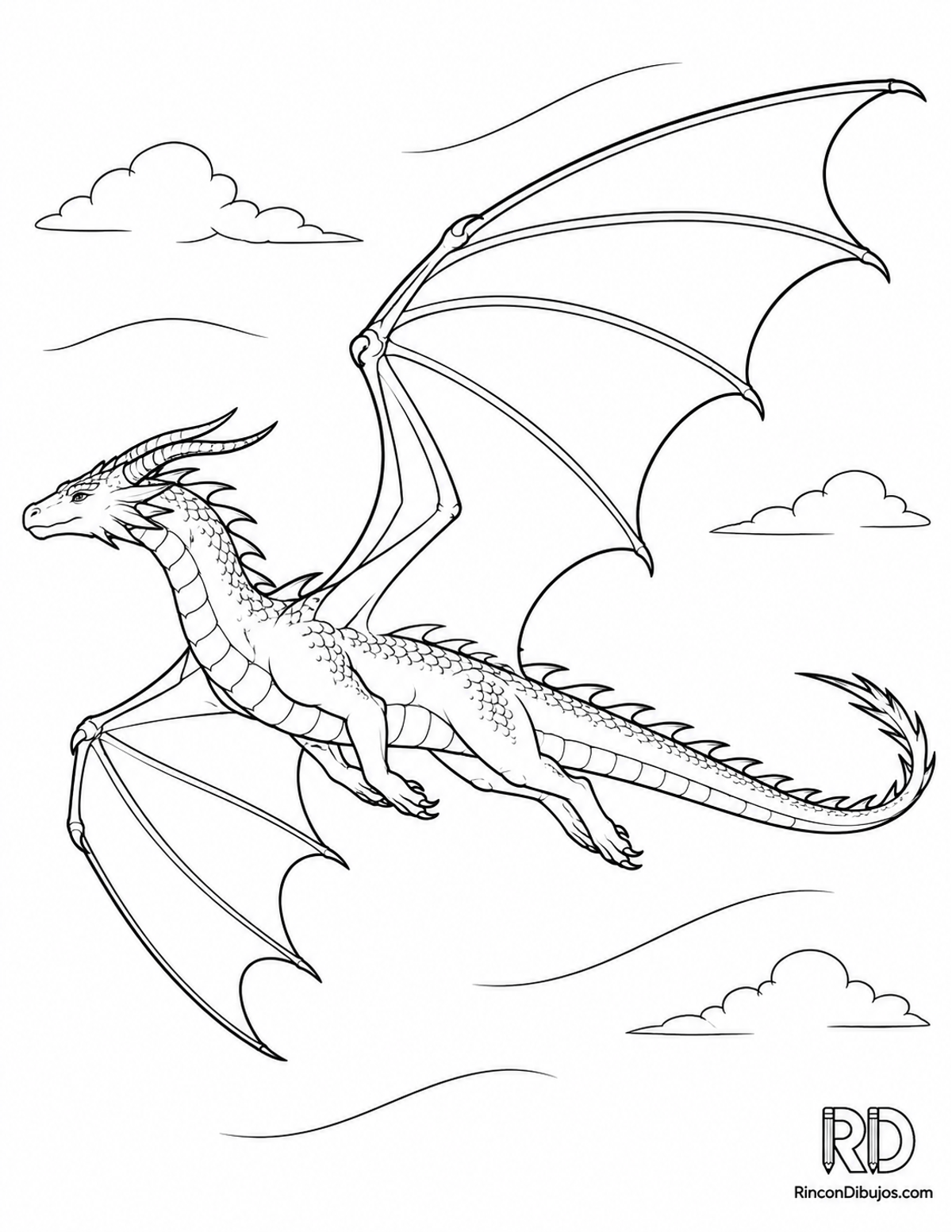 Dibujo de dragón alado planeando para colorear Dibujo de dragón alado planeando para colorear