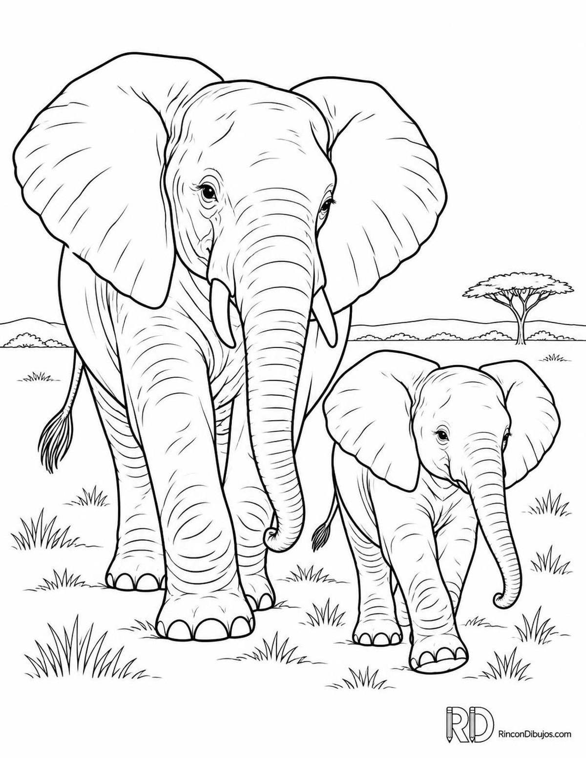 Dibujo de elefanta con cría para colorear Dibujo de elefanta con cría para colorear
