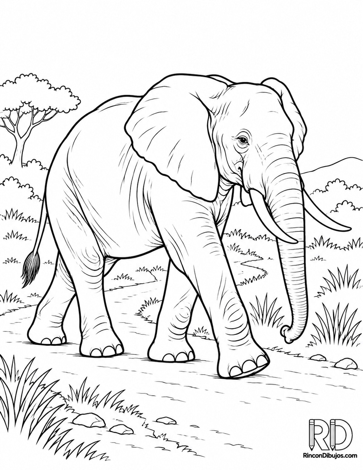 Dibujo de elefante cruzando sendero para colorear Dibujo de elefante cruzando sendero para colorear