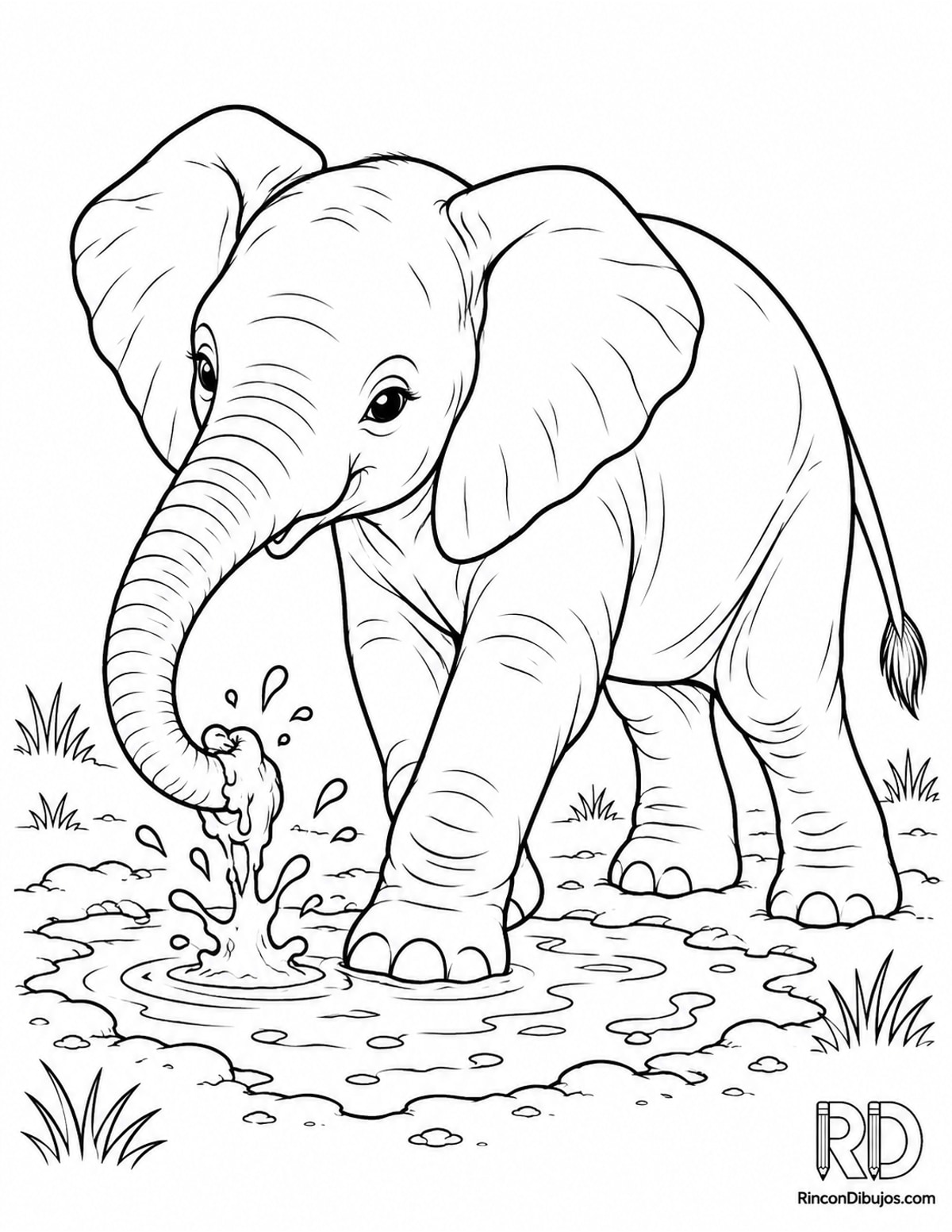 Dibujo de elefante joven jugando para colorear Dibujo de elefante joven jugando para colorear