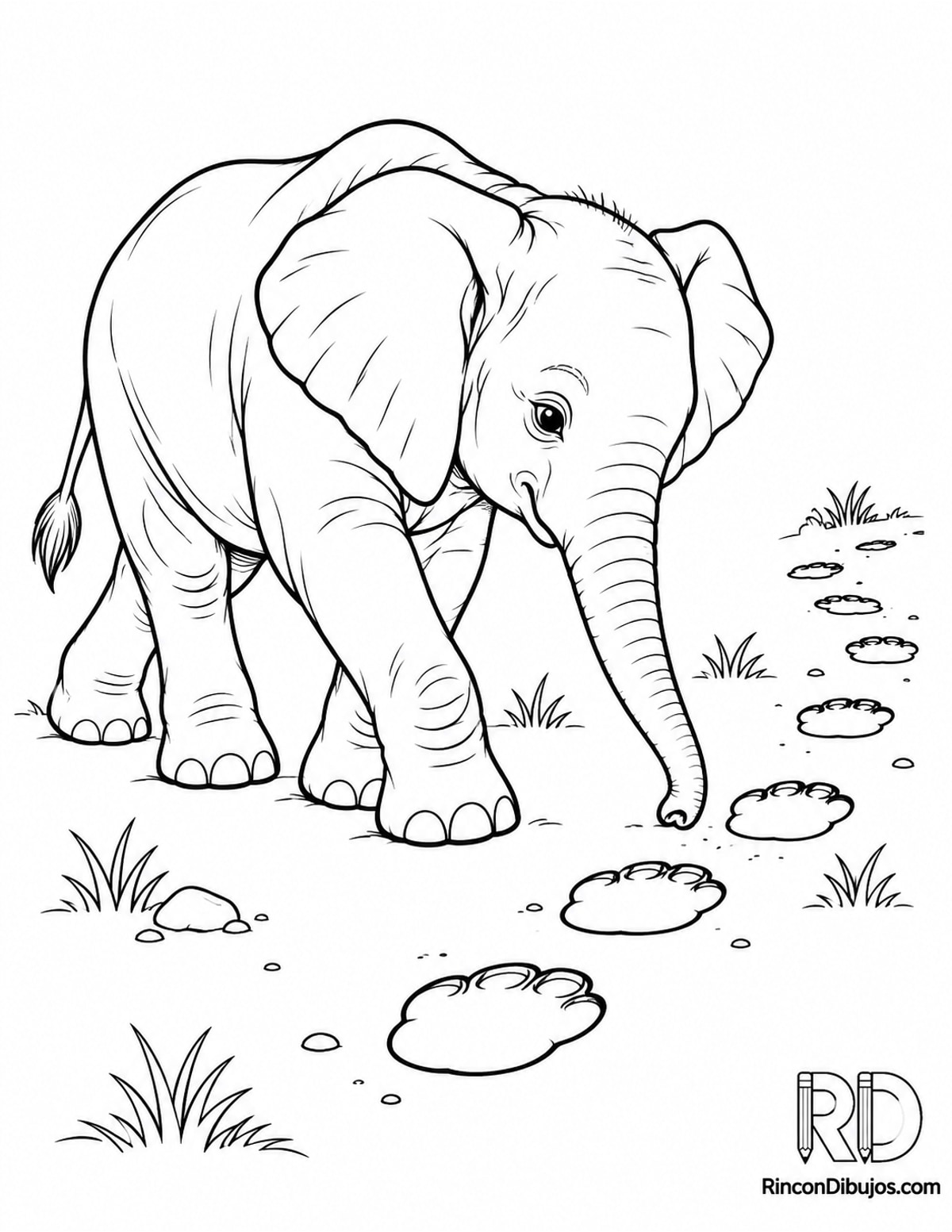Dibujo de elefante siguiendo huellas para colorear Dibujo de elefante siguiendo huellas para colorear