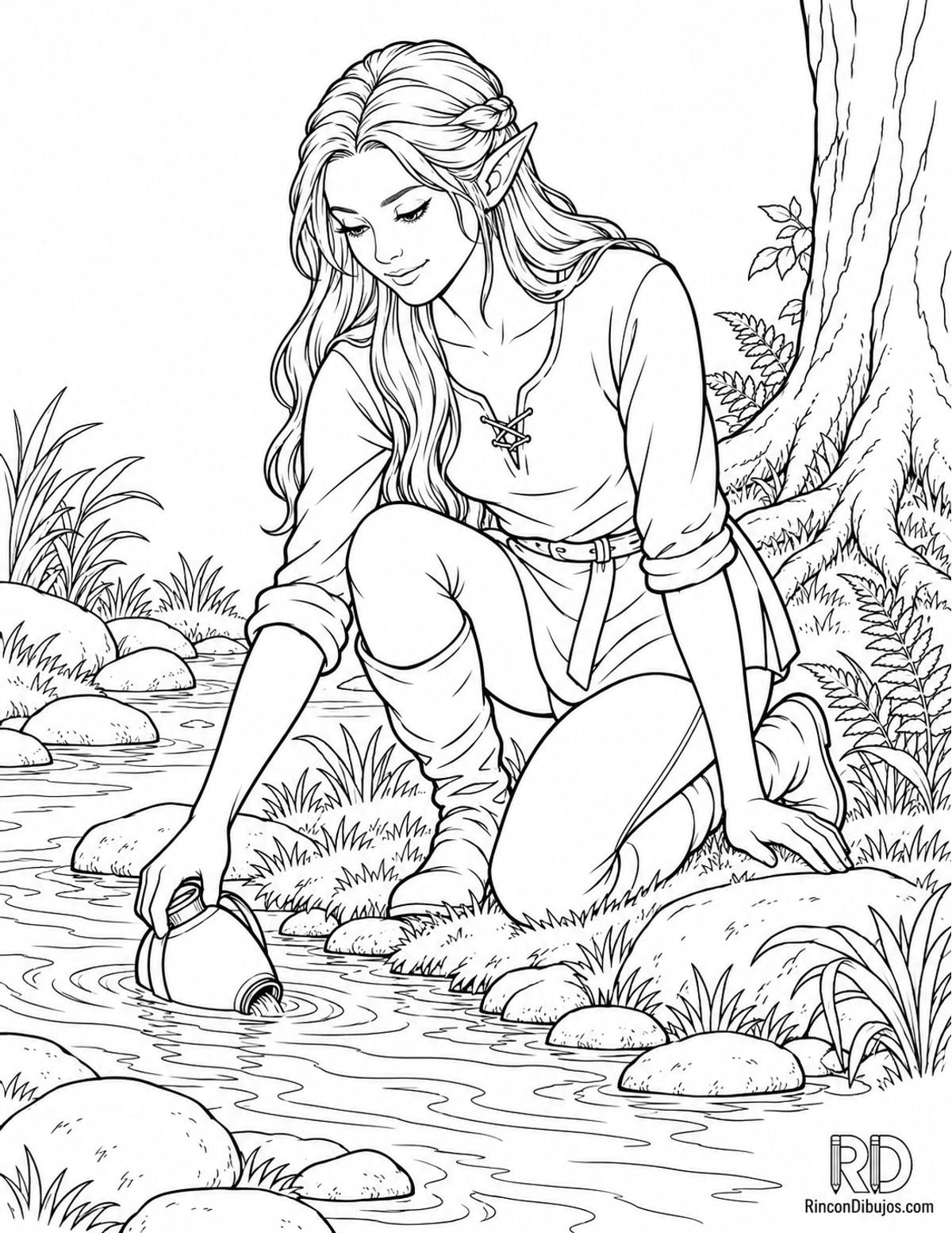 Dibujo de elfa semirrealista arrodillada para colorear Dibujo de elfa semirrealista arrodillada para colorear