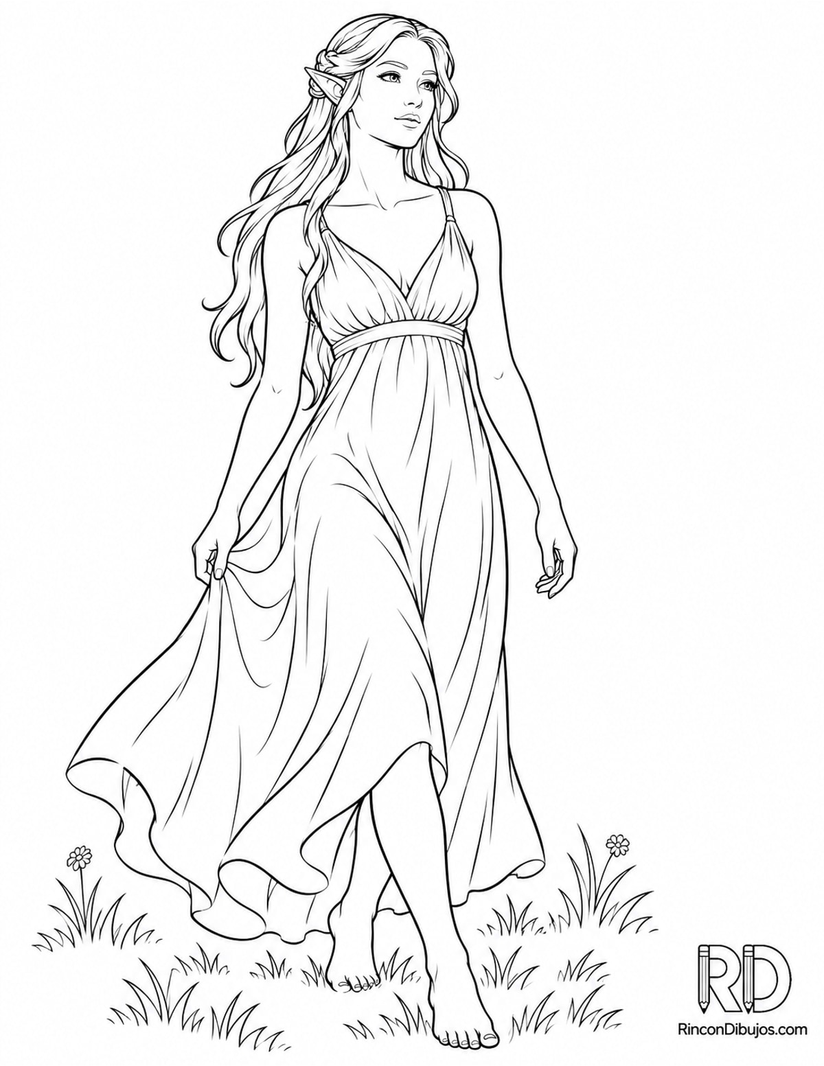 Dibujo de elfa semirrealista caminando para colorear Dibujo de elfa semirrealista caminando para colorear