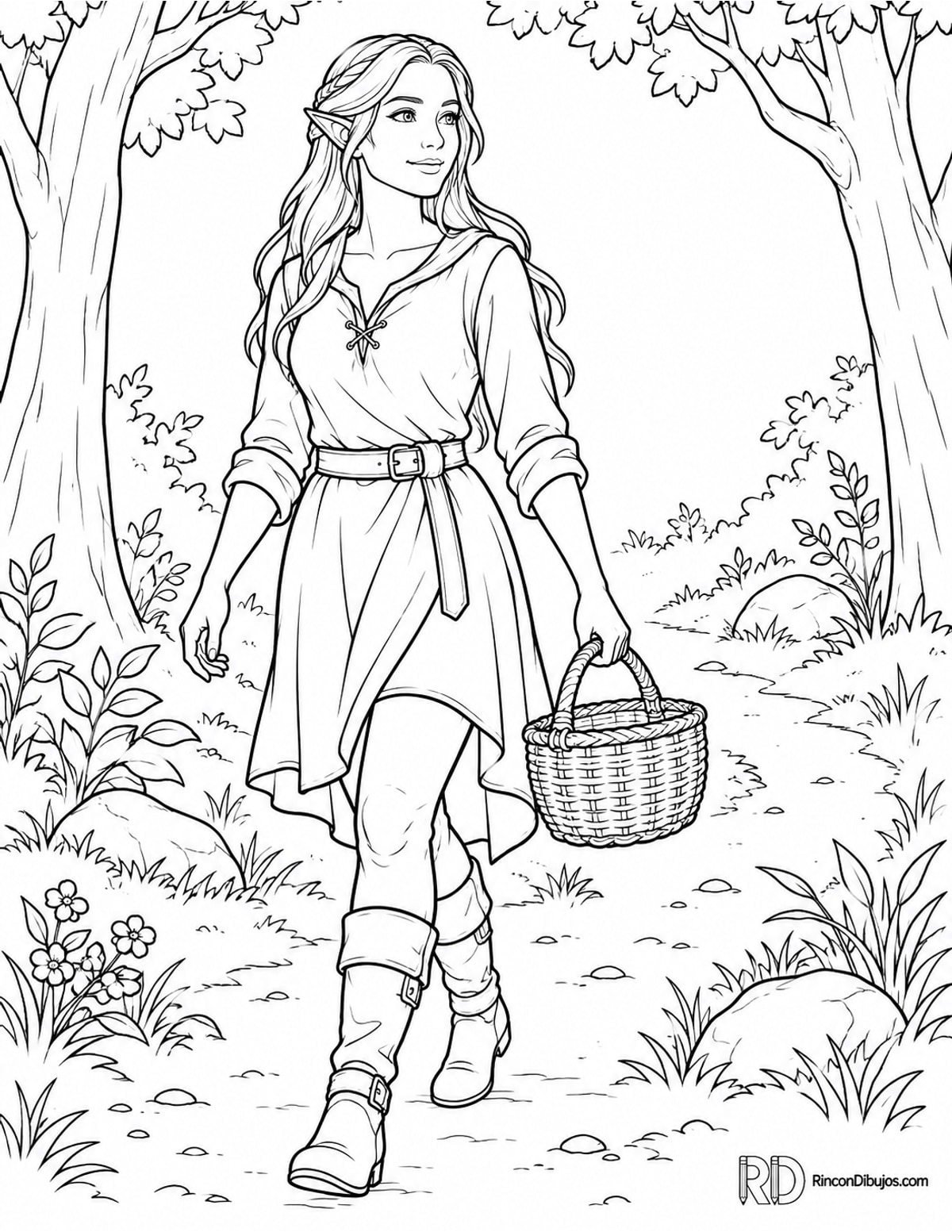 Dibujo de elfa semirrealista caminando para colorear Dibujo de elfa semirrealista caminando para colorear
