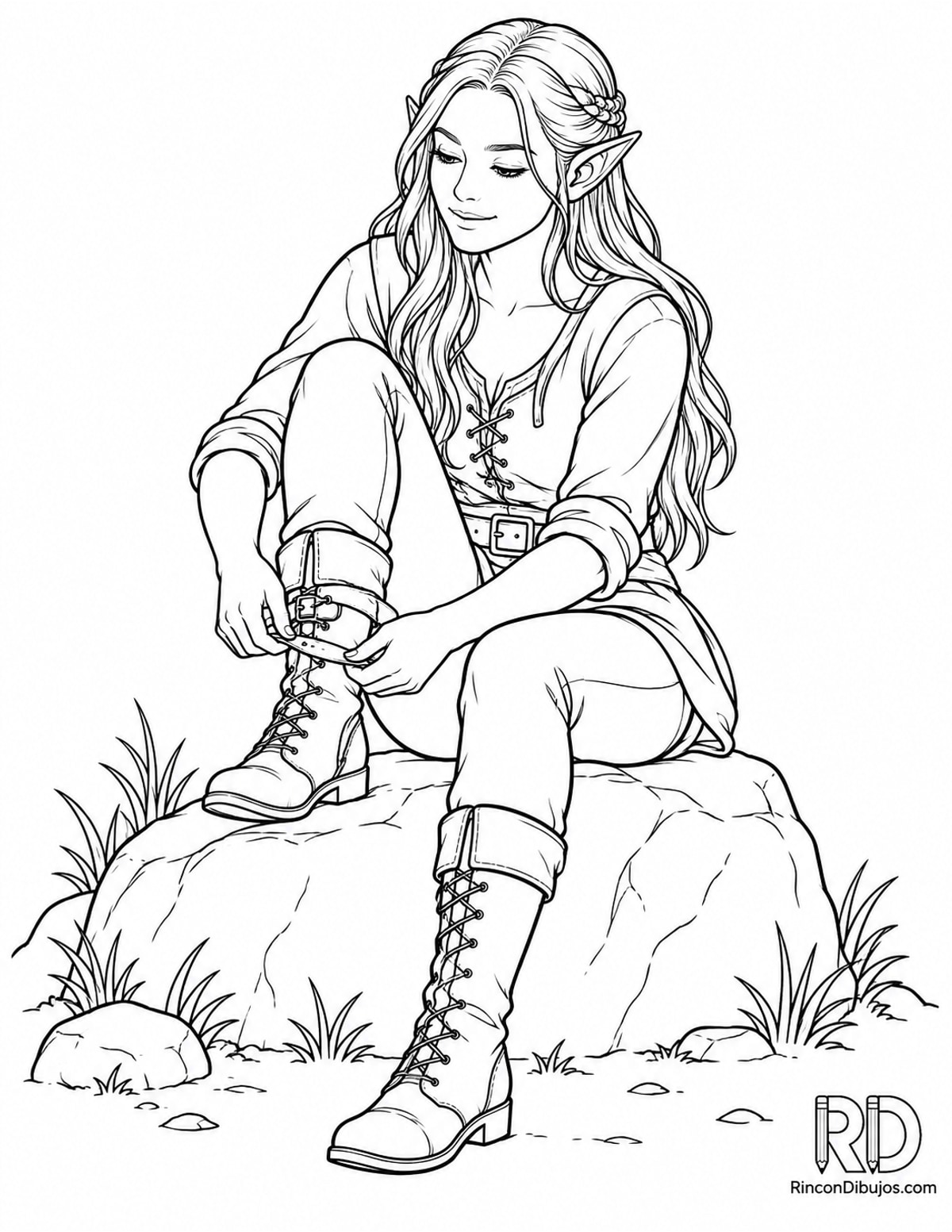 Dibujo de elfa semirrealista sentada para colorear Dibujo de elfa semirrealista sentada para colorear