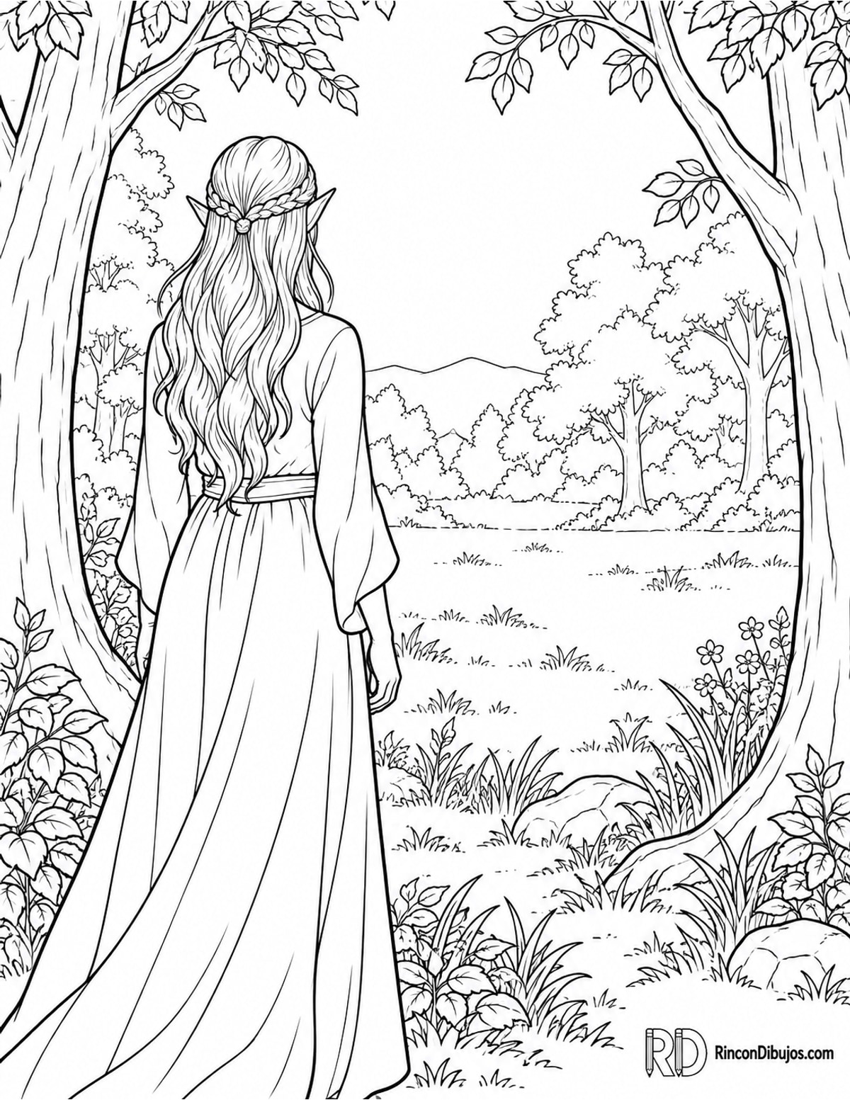 Dibujo de elfa semirrealista vista para colorear Dibujo de elfa semirrealista vista para colorear