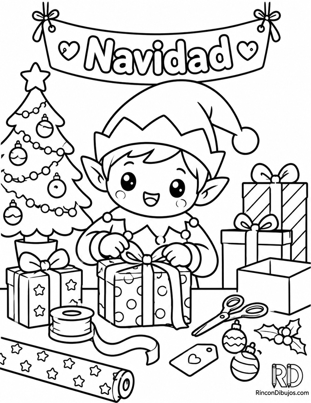 Dibujo de elfo Navidad kawaii para colorear Dibujo de elfo Navidad kawaii para colorear