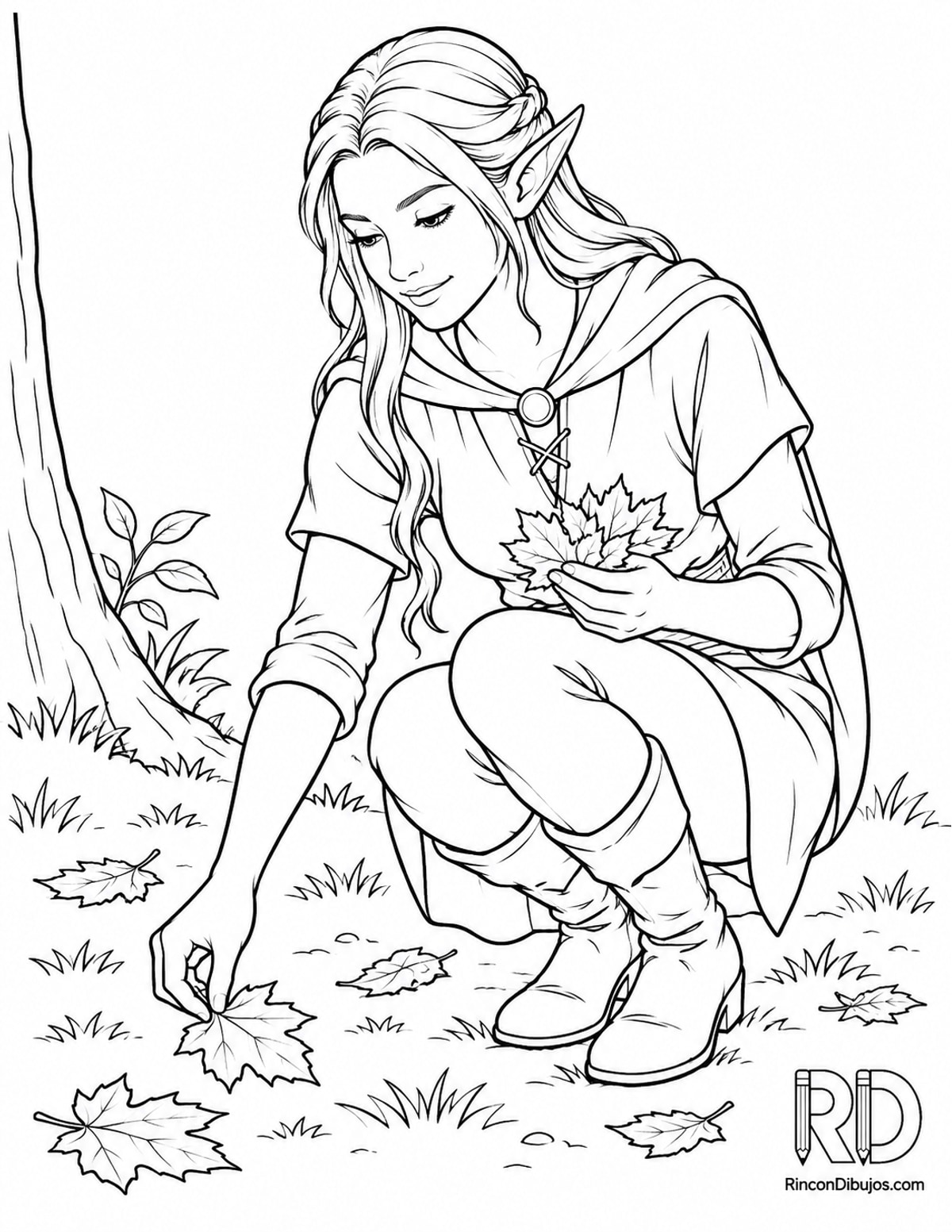Dibujo de elfo semirrealista agachado para colorear Dibujo de elfo semirrealista agachado para colorear