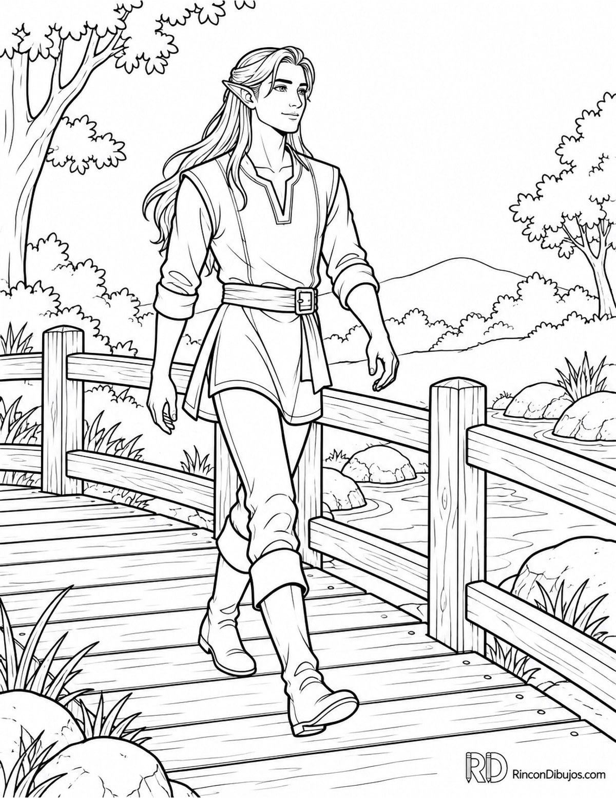 Dibujo de elfo semirrealista caminando para colorear Dibujo de elfo semirrealista caminando para colorear