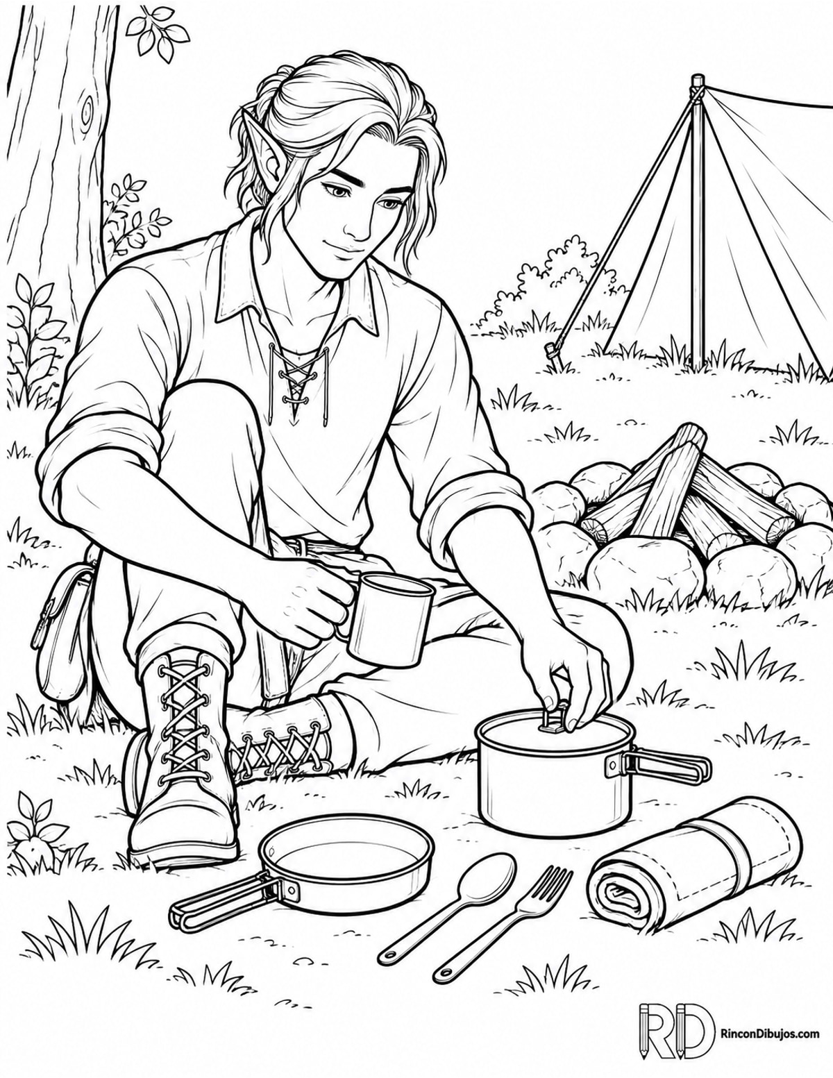 Dibujo de elfo semirrealista sentado para colorear Dibujo de elfo semirrealista sentado para colorear