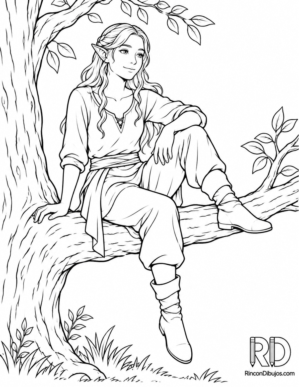 Dibujo de elfo semirrealista sentado para colorear Dibujo de elfo semirrealista sentado para colorear