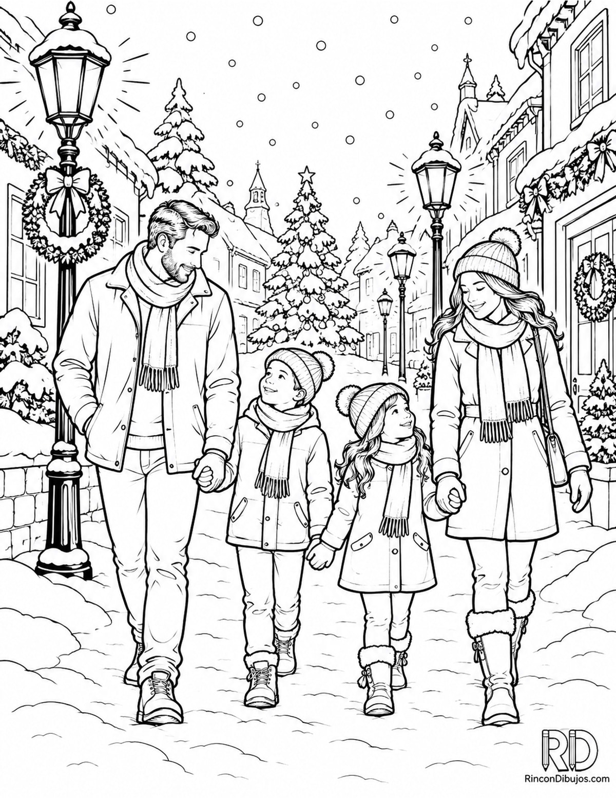 Dibujo de Escena Navideña calle nevada para colorear Dibujo de Escena Navideña calle nevada para colorear