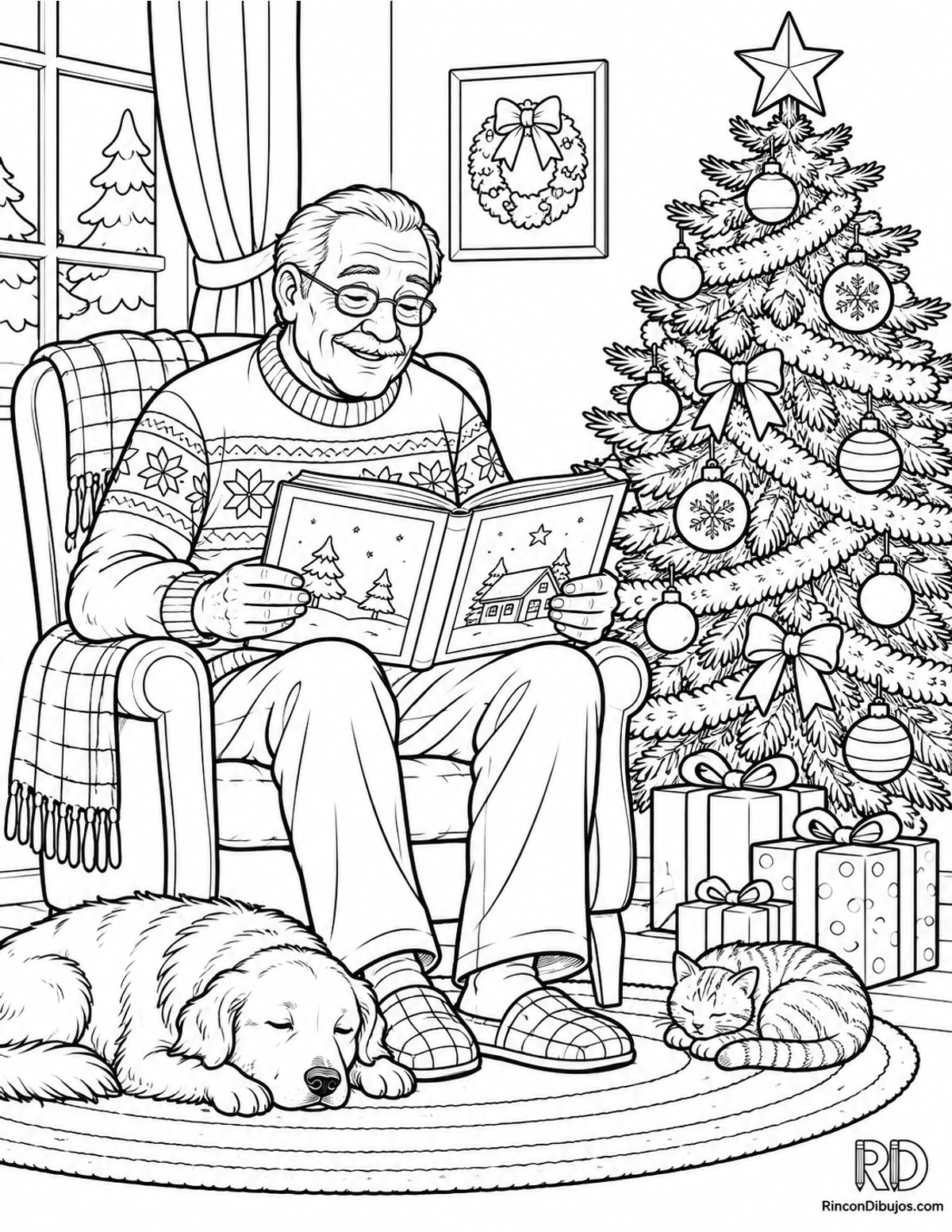 Dibujo de Escena Navideña con abuelo para colorear Dibujo de Escena Navideña con abuelo para colorear