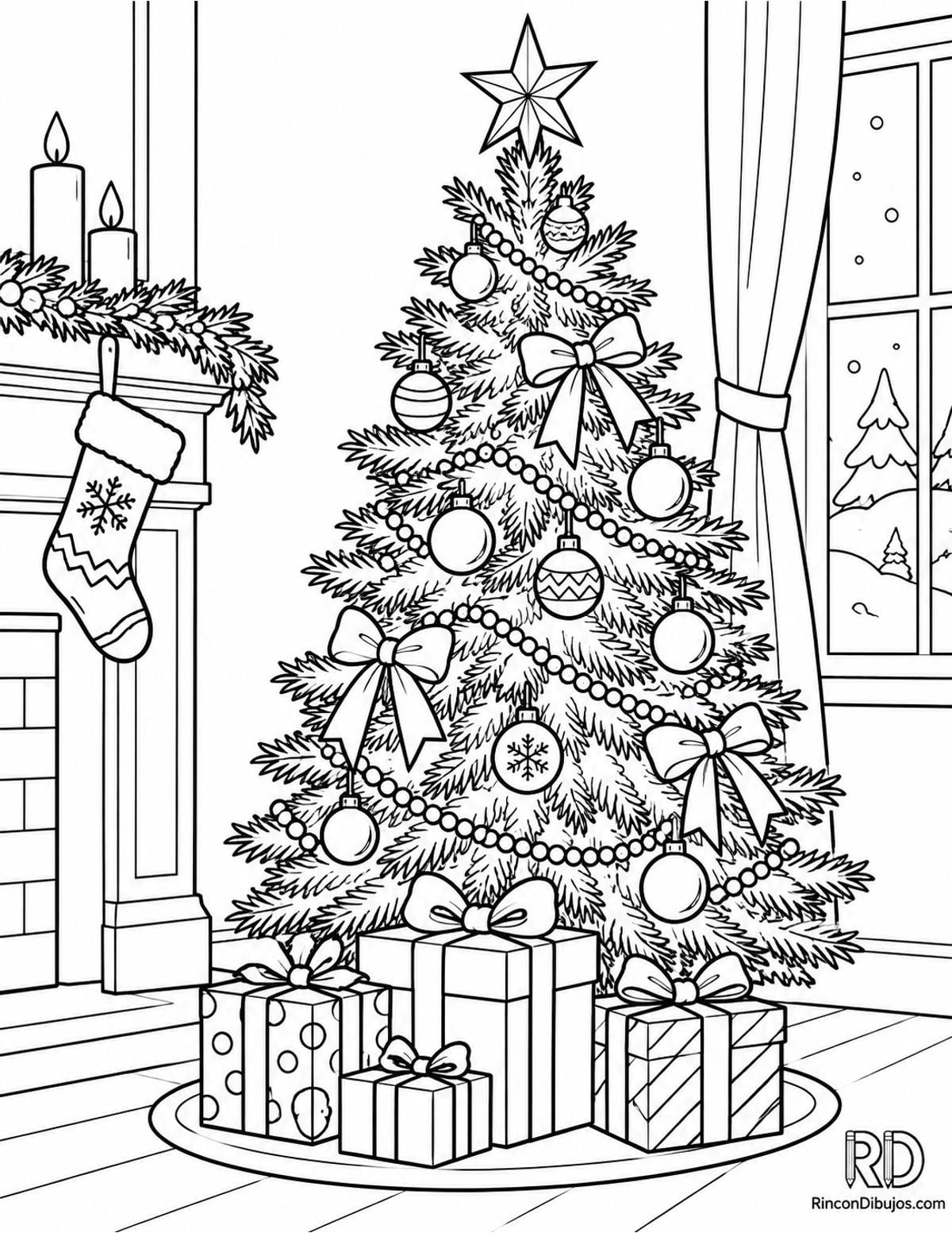 Dibujo de Escena Navideña con árbol para colorear Dibujo de Escena Navideña con árbol para colorear