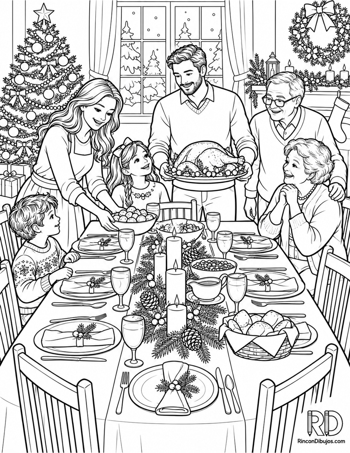 Dibujo de Escena Navideña con cena para colorear Dibujo de Escena Navideña con cena para colorear
