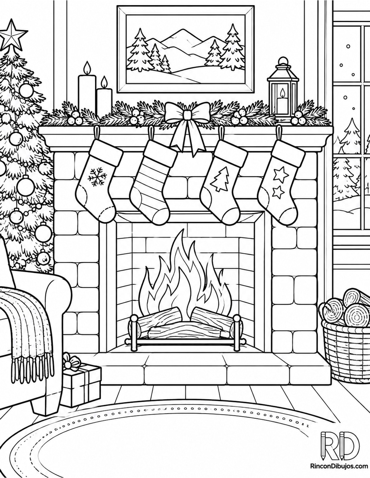 Dibujo de Escena Navideña con chimenea para colorear Dibujo de Escena Navideña con chimenea para colorear