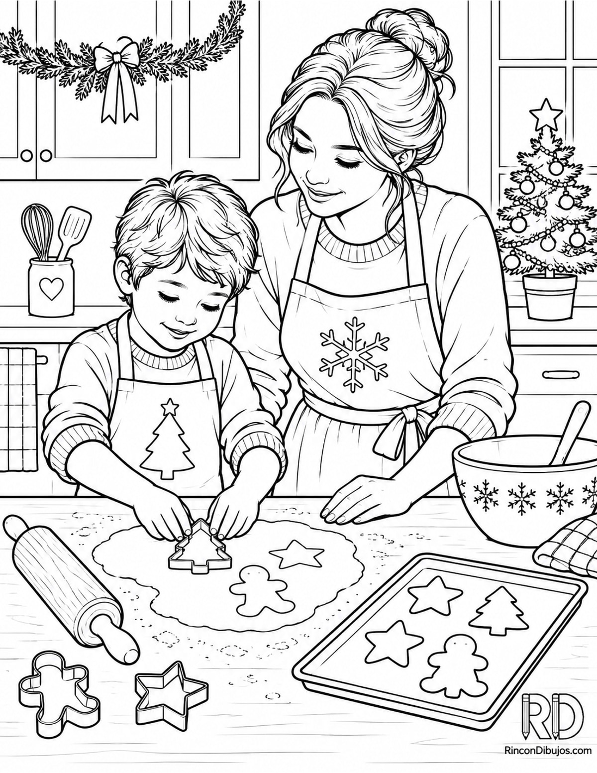 Dibujo de Escena Navideña con galletas para colorear Dibujo de Escena Navideña con galletas para colorear