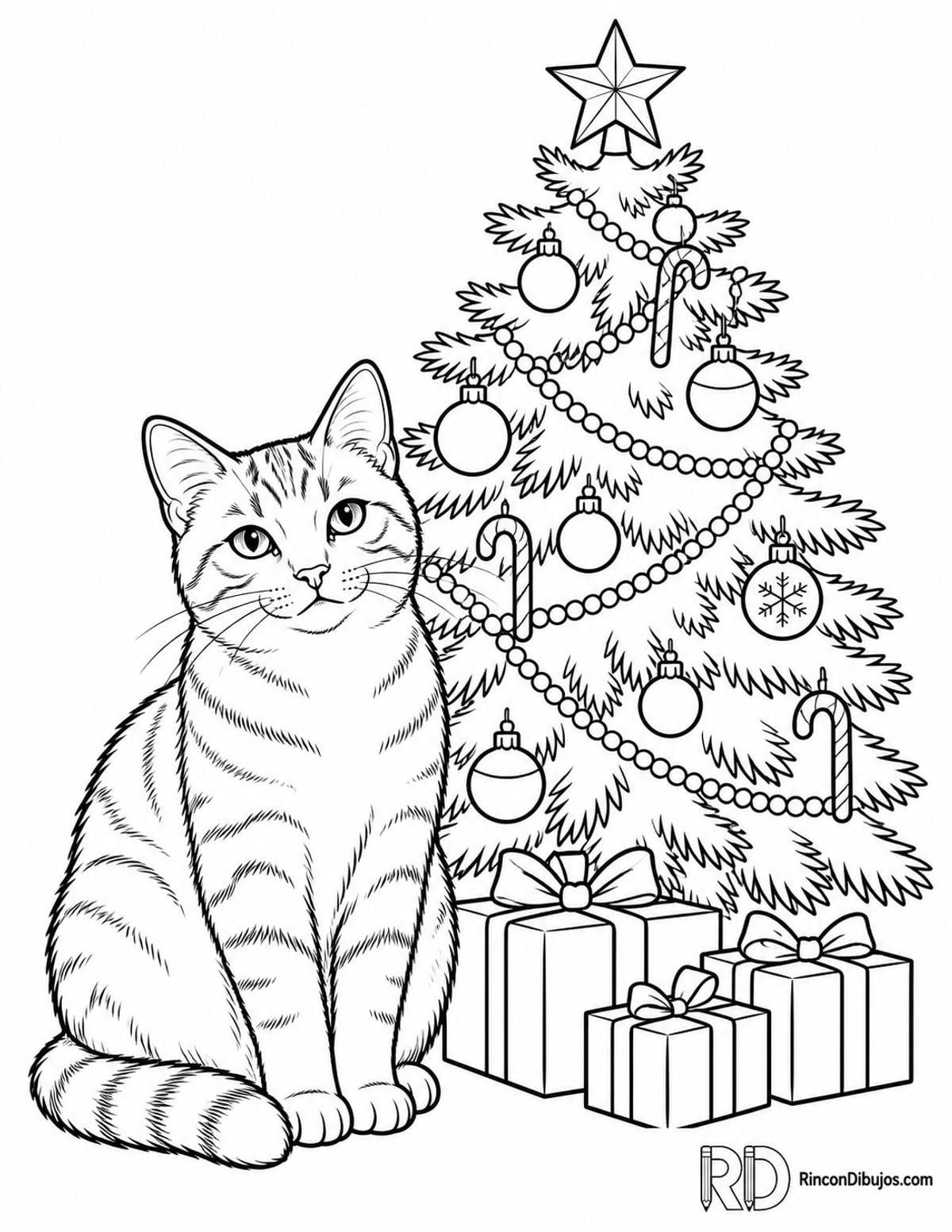 Dibujo de Escena Navideña con gato para colorear Dibujo de Escena Navideña con gato para colorear